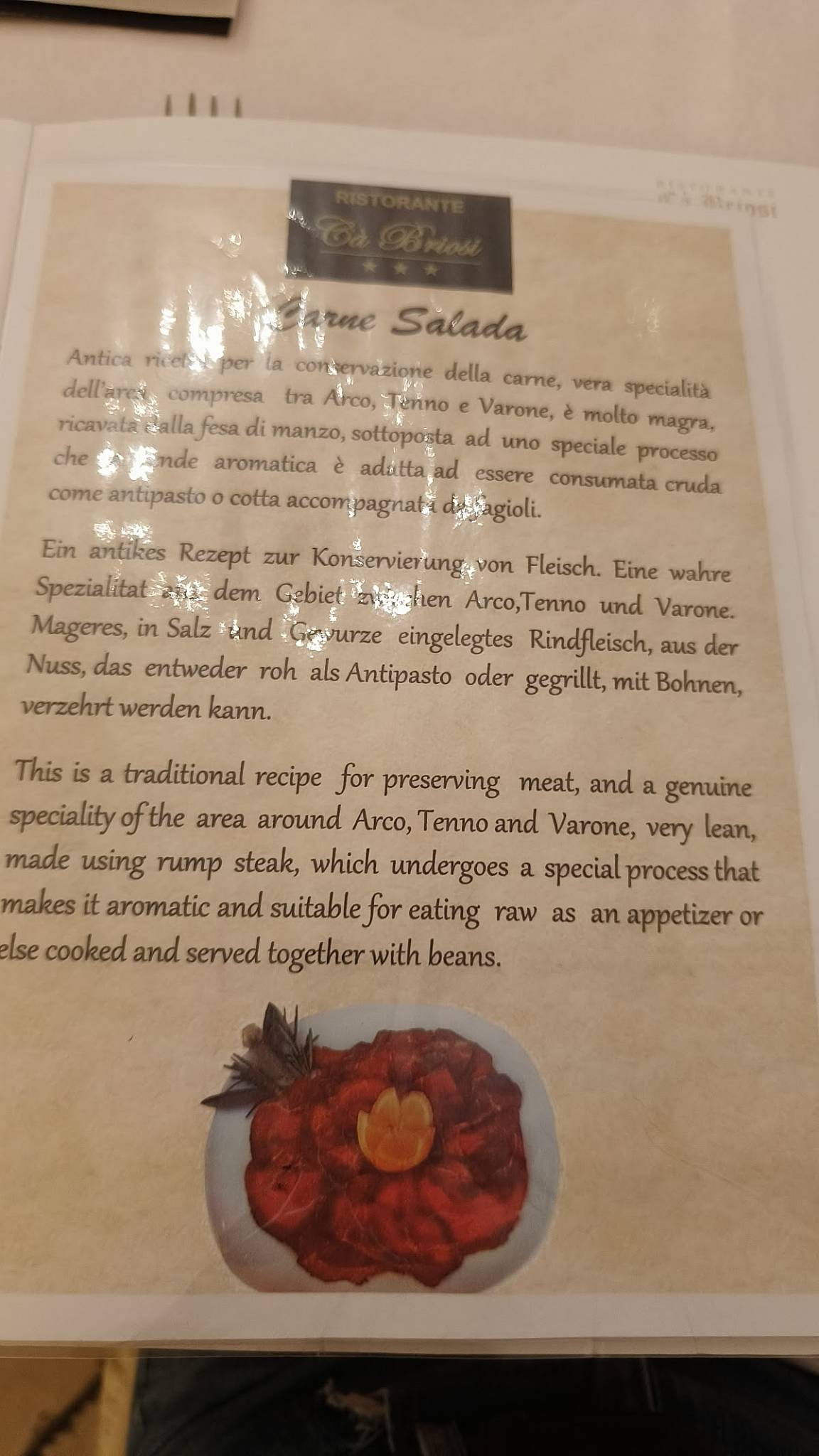 Menu di Ristorante Ca' Briosi - Carne Salada Cologna di Tenno 