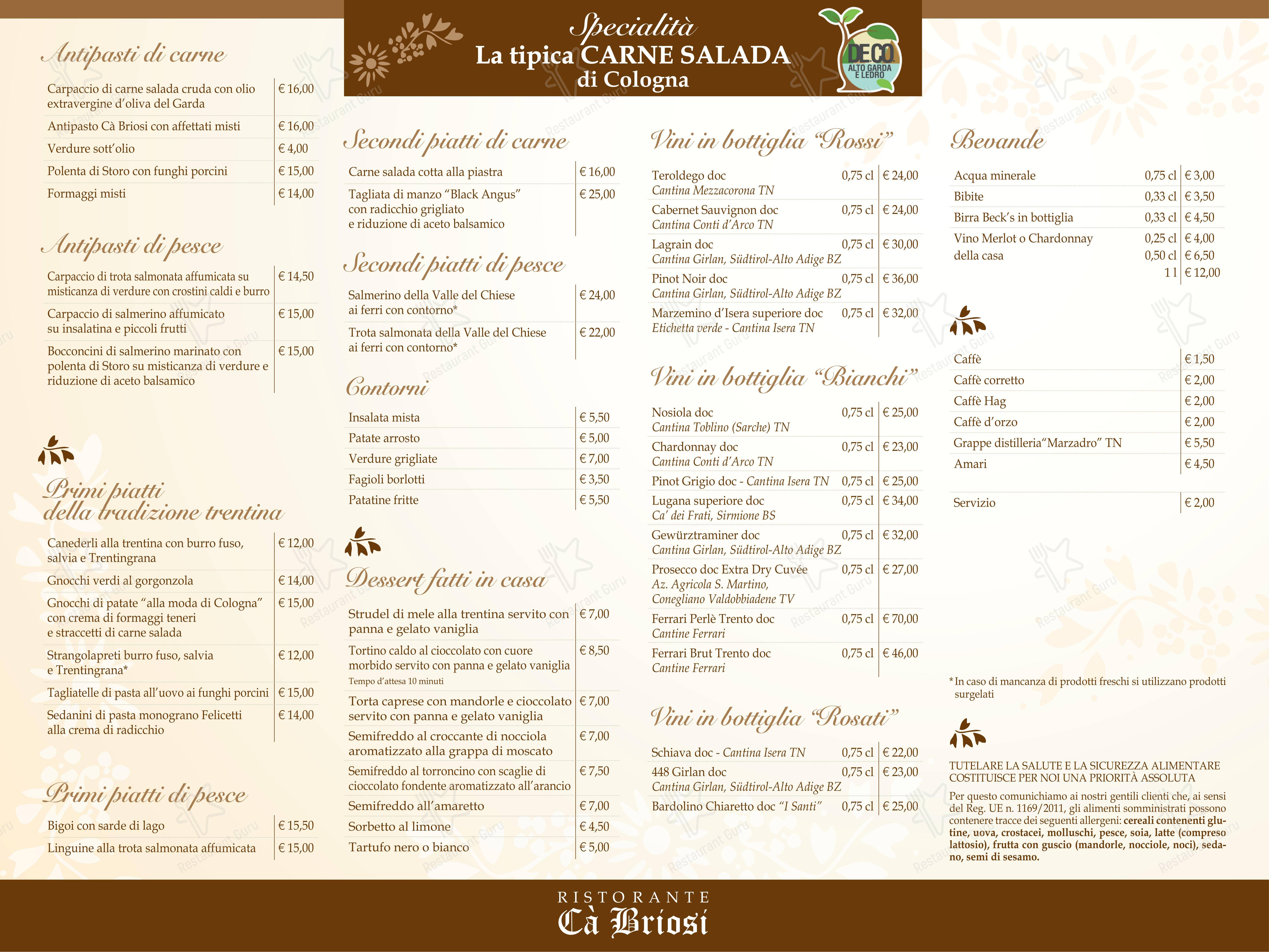 Menu bar per Ristorante Ca' Briosi - Carne Salada Cologna di Tenno in Cologna