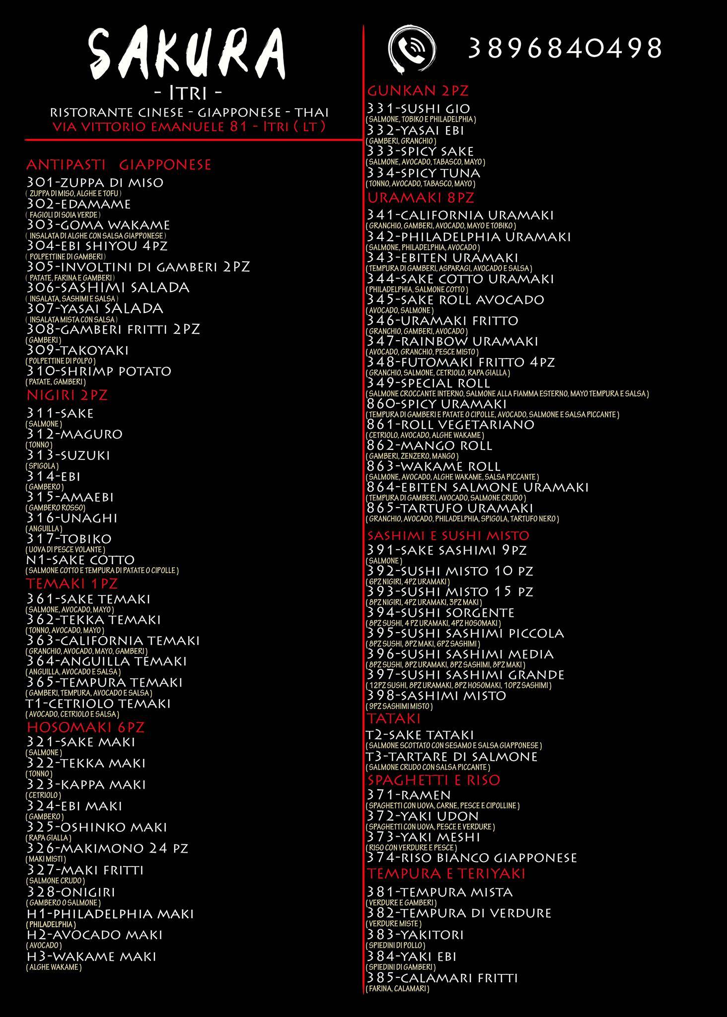 Menu di Ristorante Giapponese Sakura 