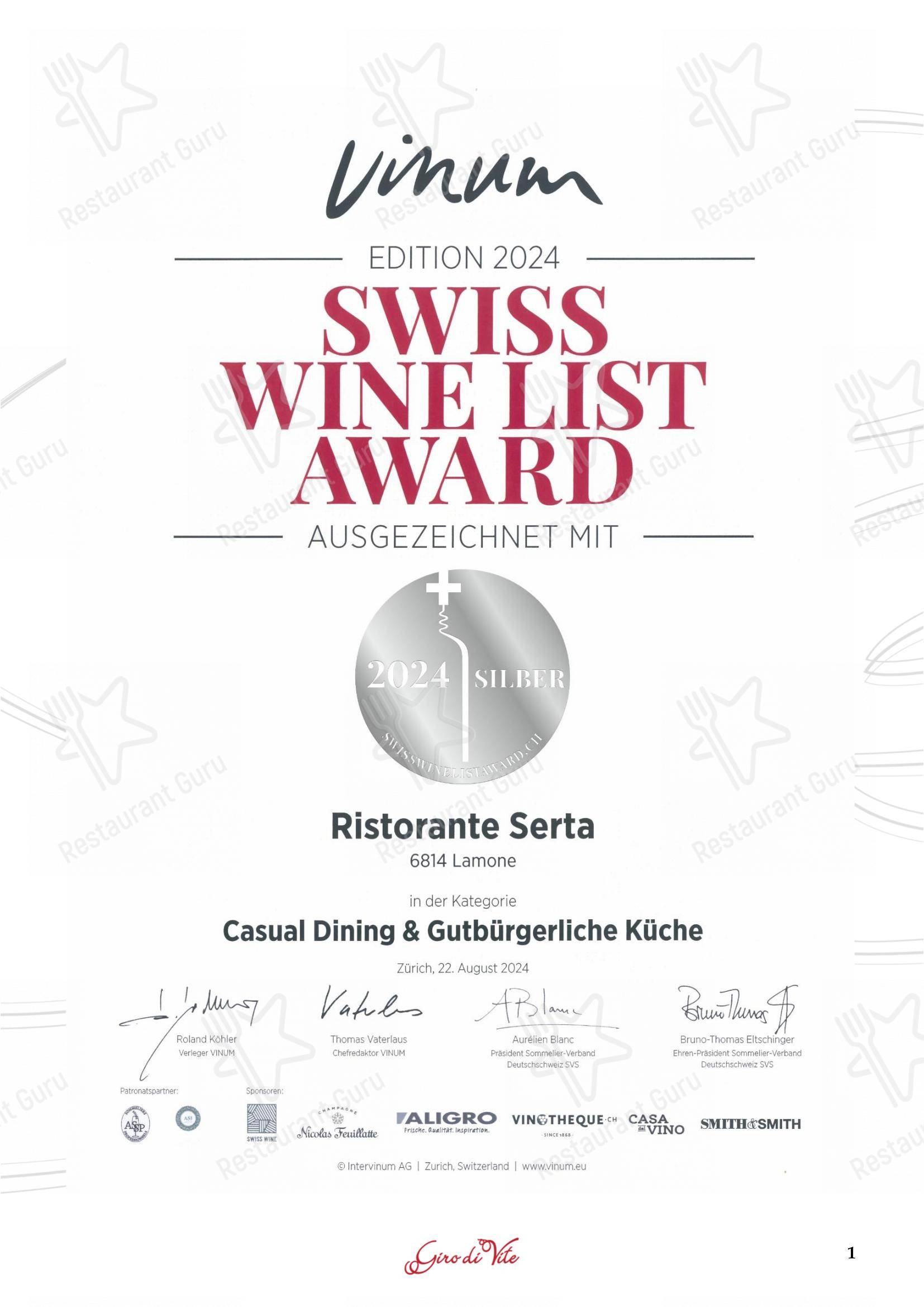 Ristorante Grotto Serta in Lamone - Основное меню