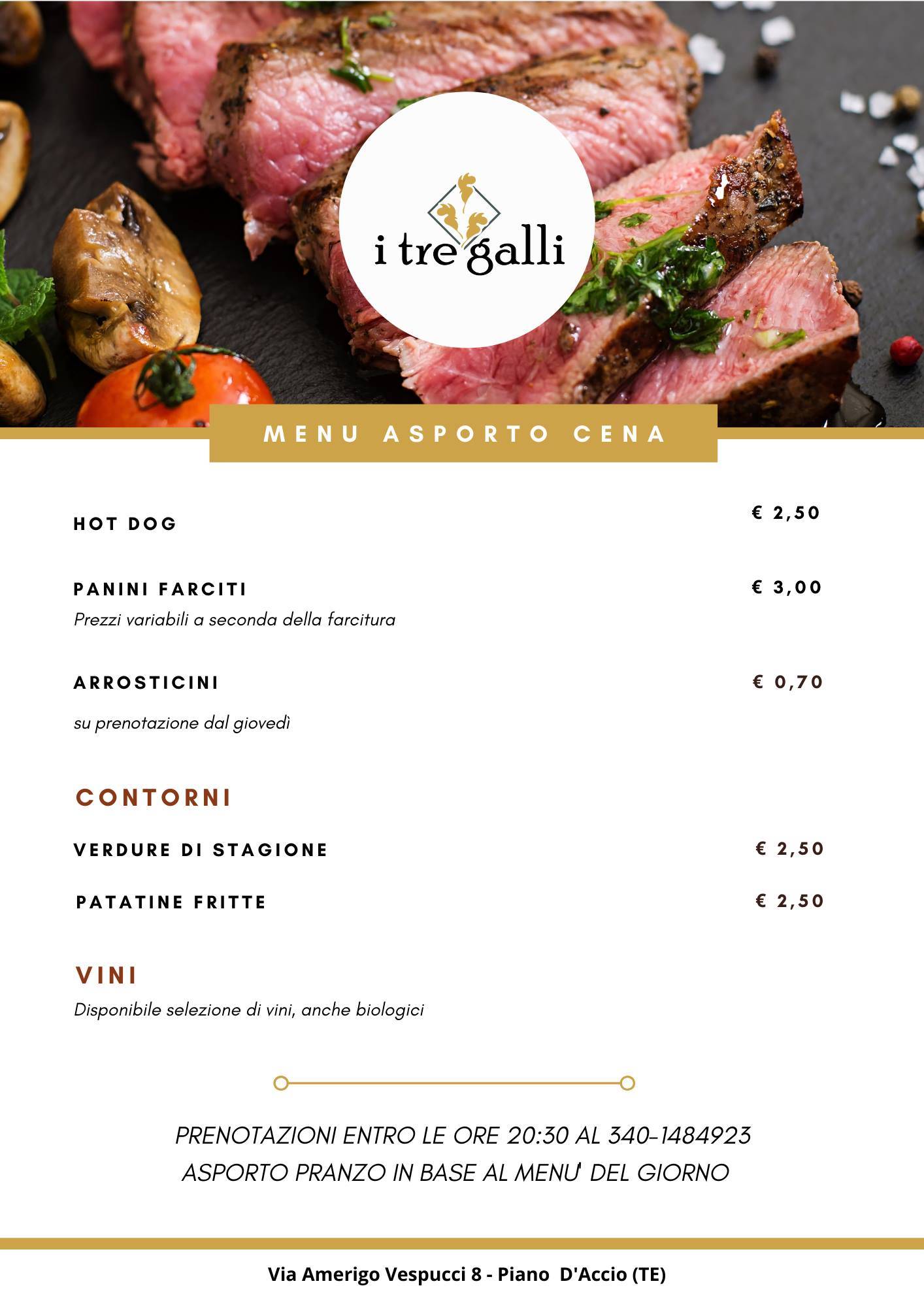 Menu di Ristorante I Tre Galli Piano D'Accio Nepezzano 