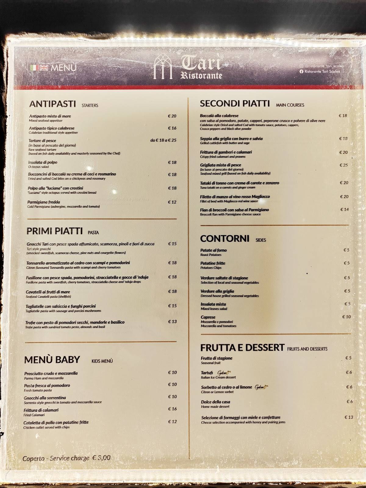 Menu di Ristorante Tarì 