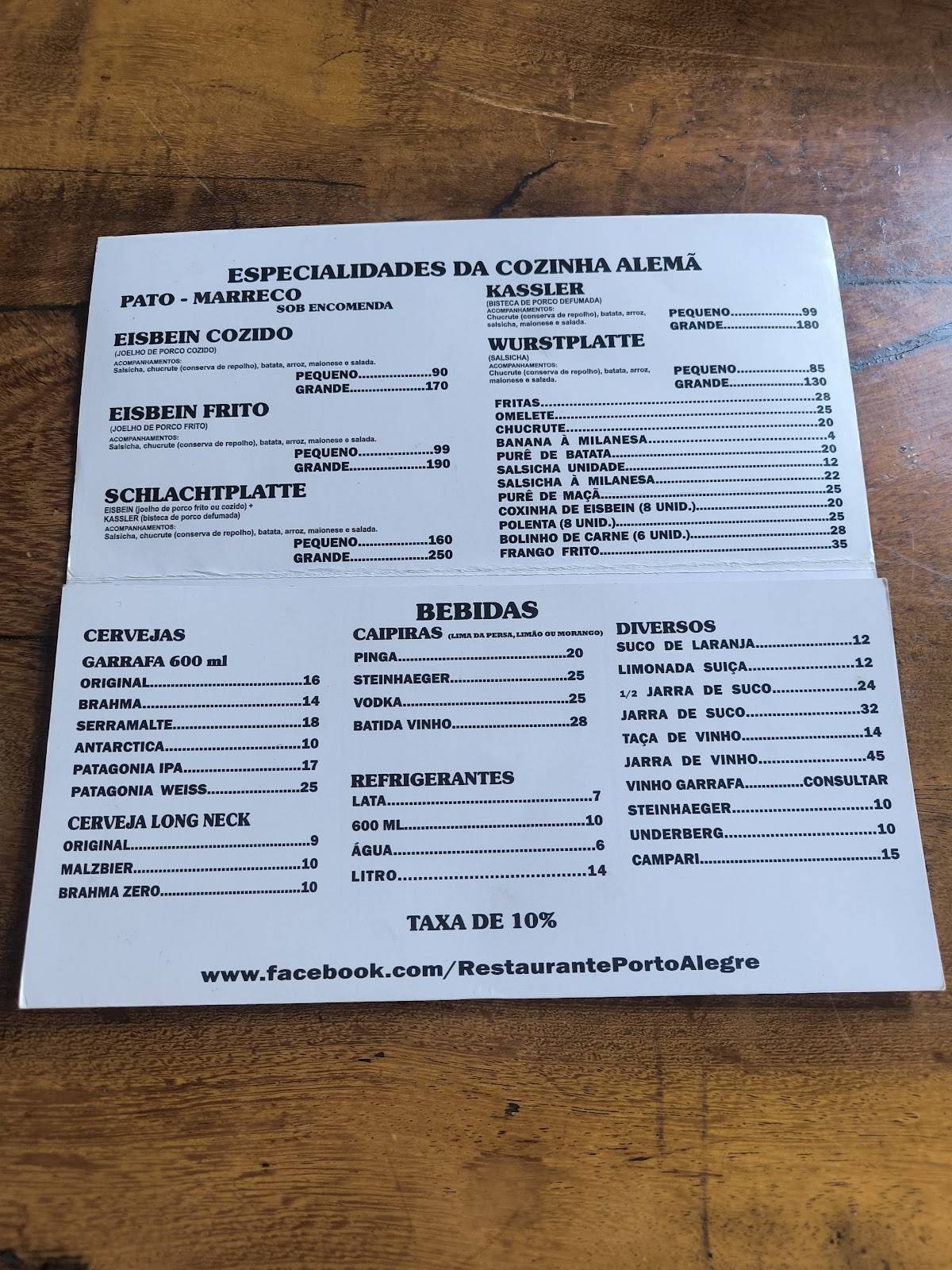 Restaurante Porto Alegre cardápio