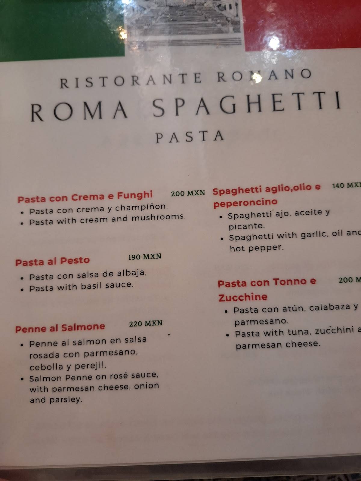 Menu at Roma Spaghetti restaurant, Playa del Carmen