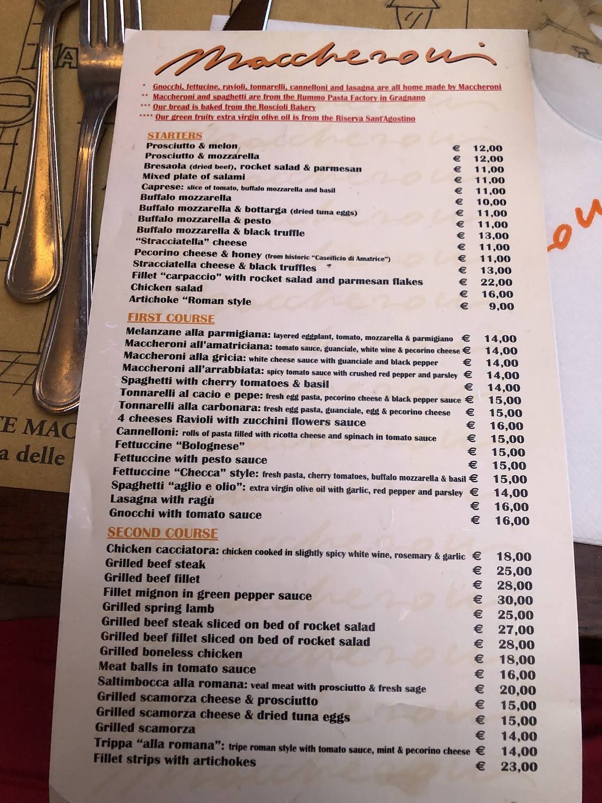 Menu di Maccheroni 