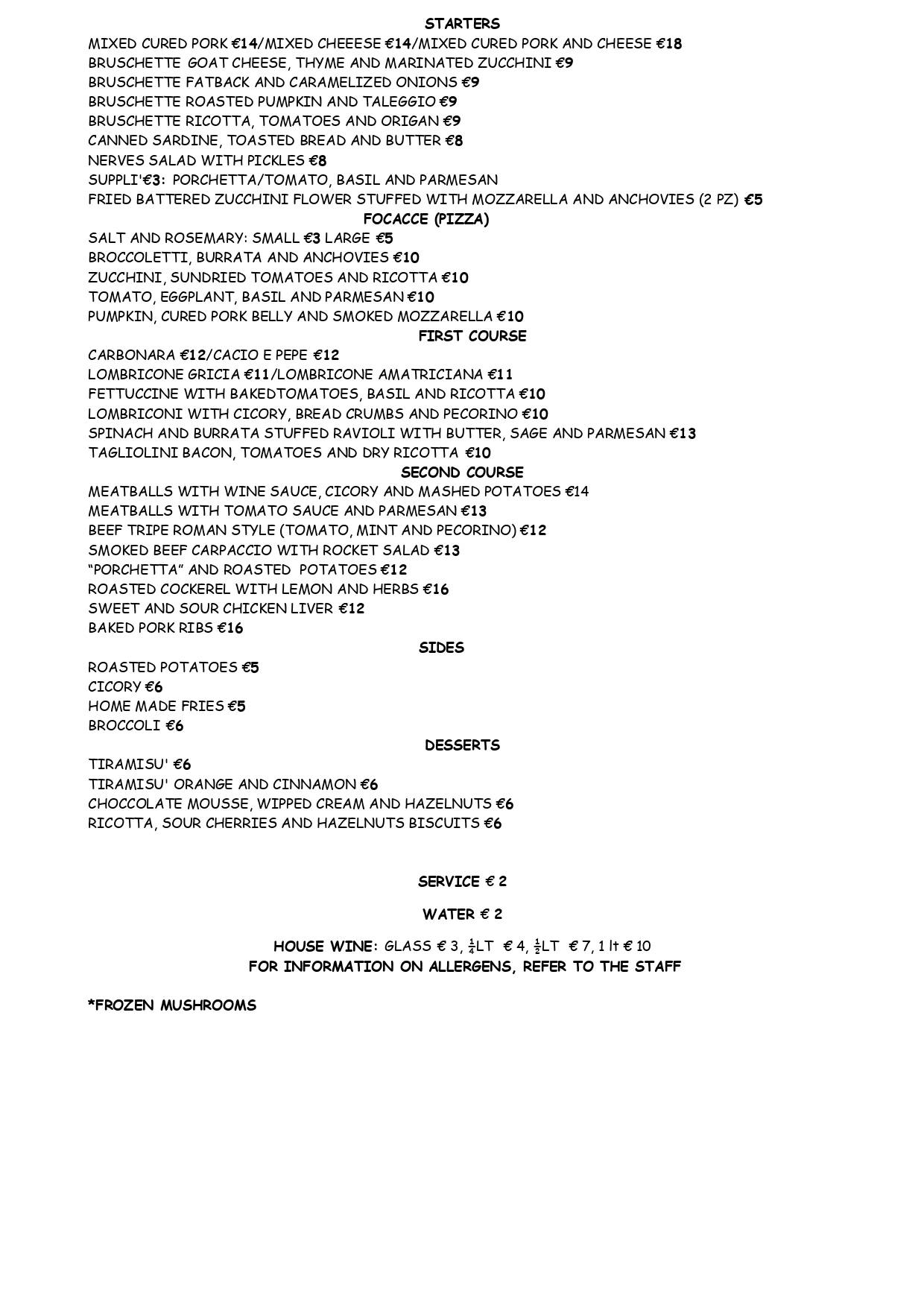 Menu de Pigneto Quarantuno