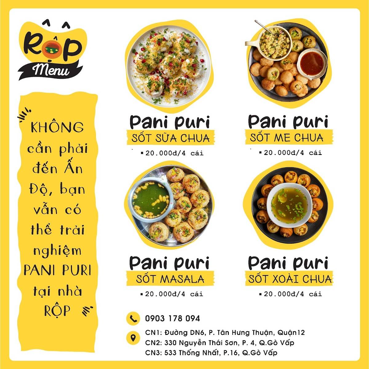 Menu at Rộp (Pani Puri) An Suong Park restaurant, Ho Chi Minh City