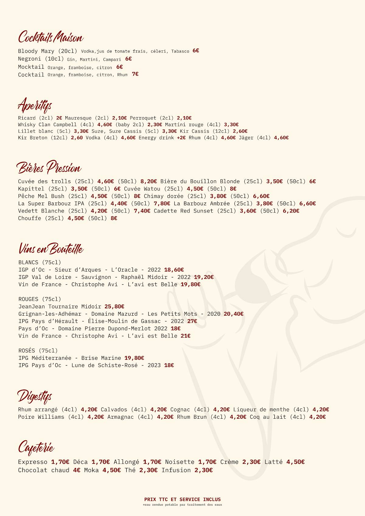 Menu de Le Bouillon d'Or