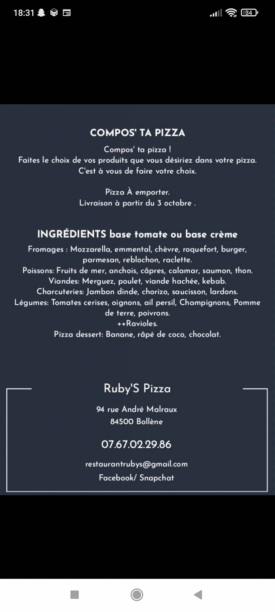 Menu de Ruby’S Pizza