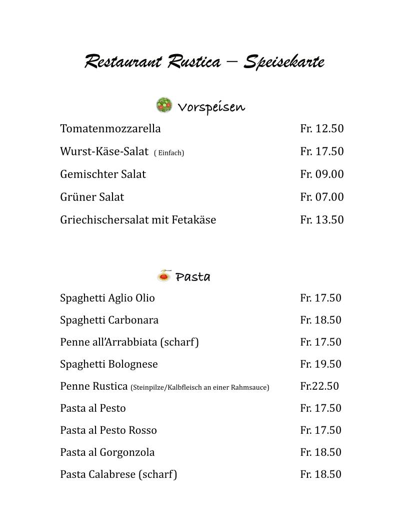 Menu di Rustica Restaurant und Pizzeria 