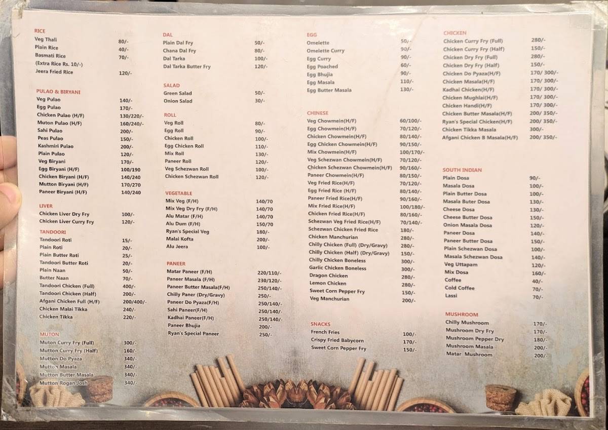 Ryans kitchen menu