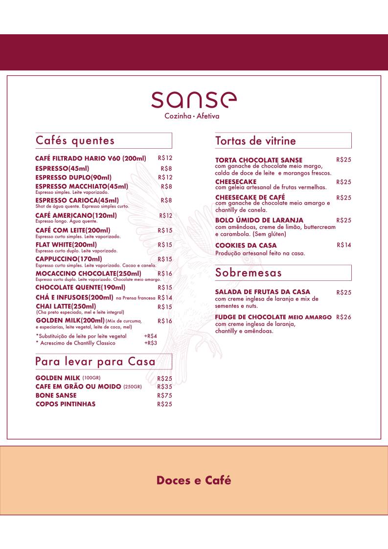 Sanse - Cozinha Afetiva cardápio