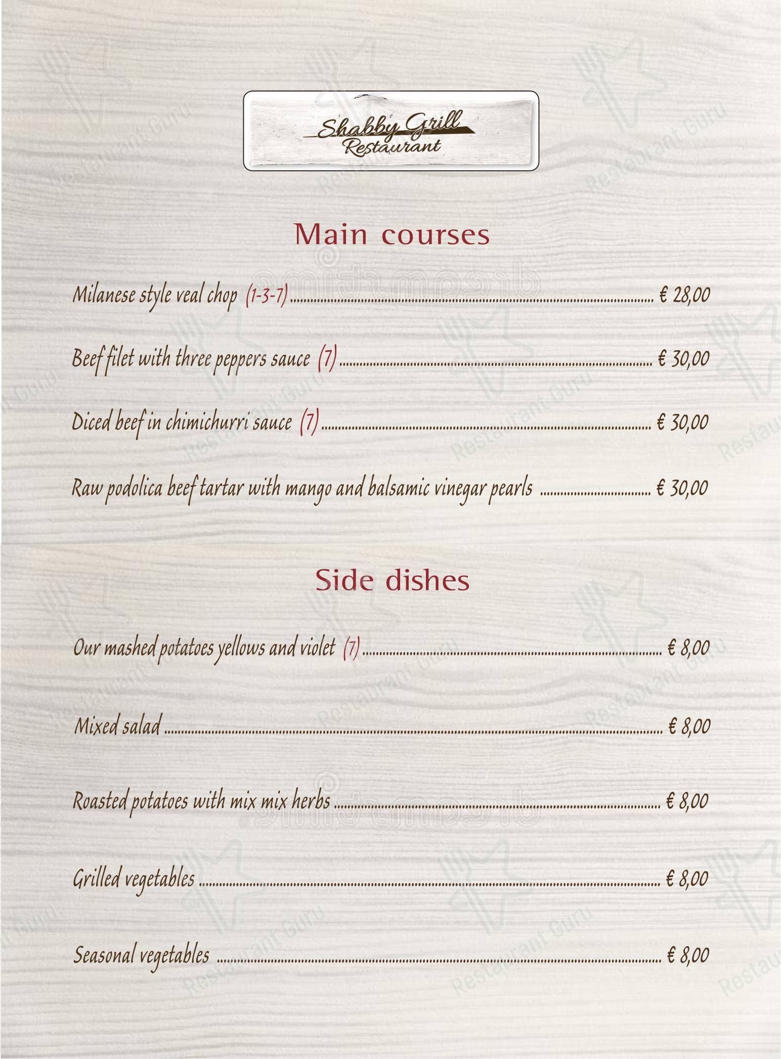 Menu bar de restaurante SHABBY GRILL – LA MIGLIOR CARNE FROLLATA DI MILANO