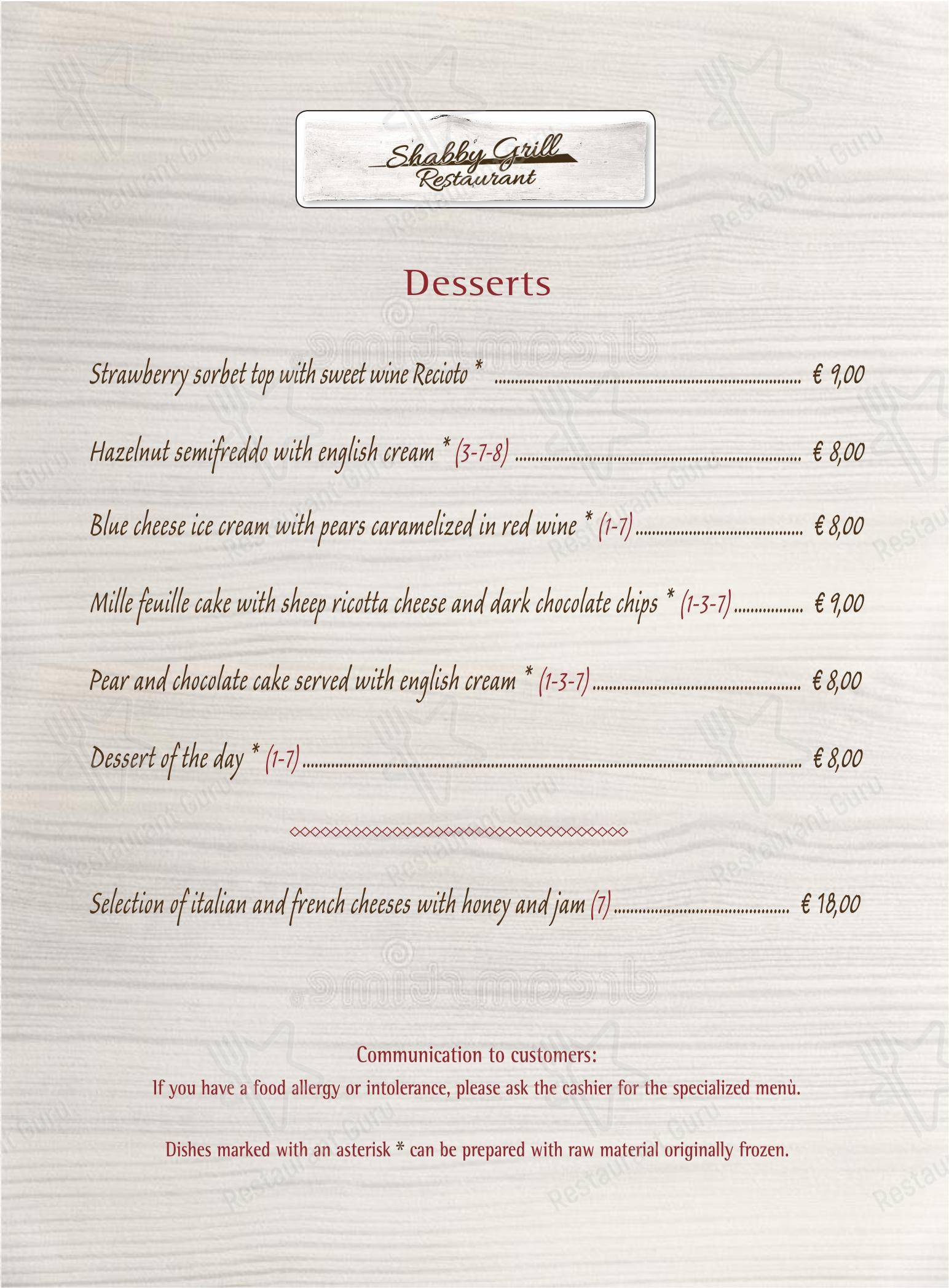 Menu bar de restaurante SHABBY GRILL – LA MIGLIOR CARNE FROLLATA DI MILANO