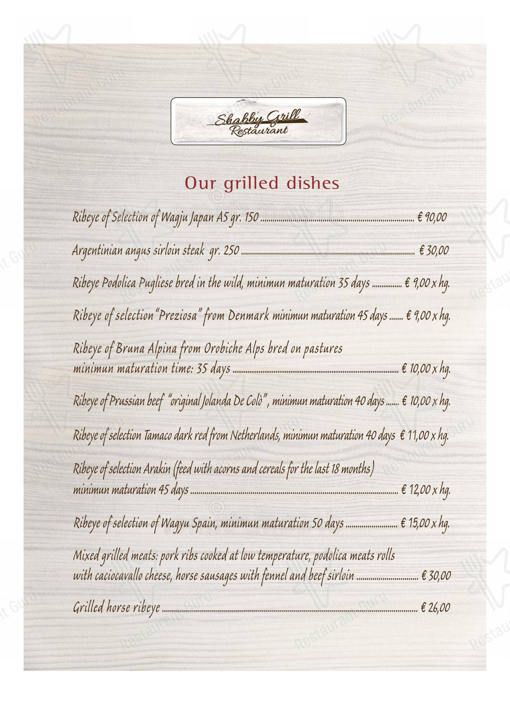 菜单 de SHABBY GRILL – LA MIGLIOR CARNE FROLLATA DI MILANO en Milan