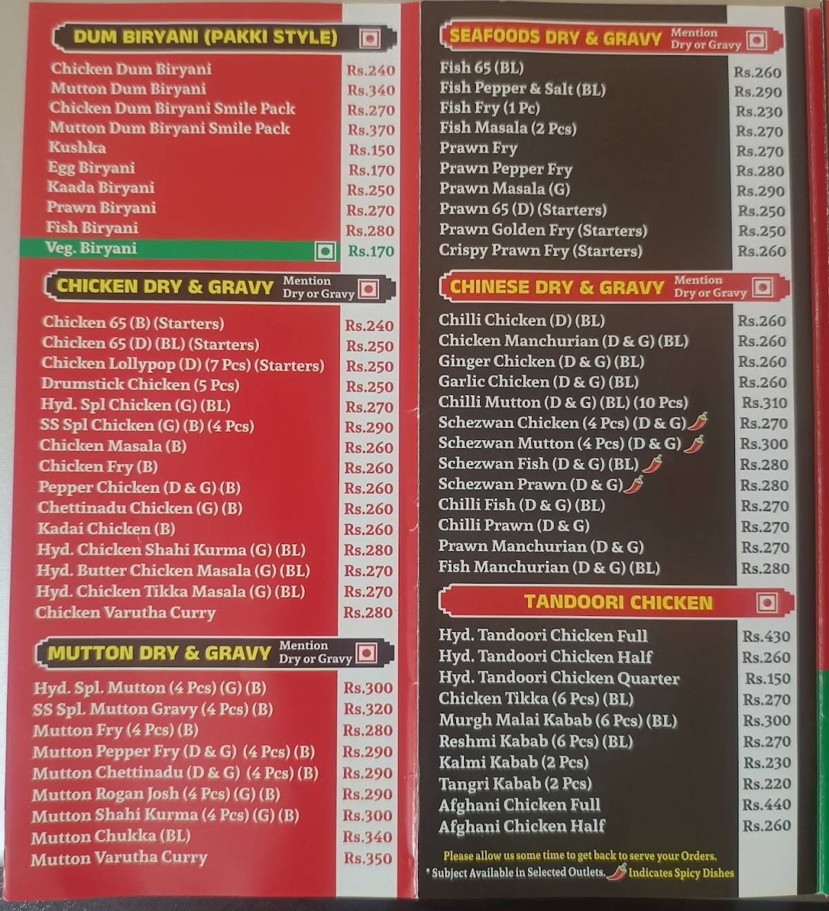 SS Hyderabad Biryani Thirumullaivoyal menu