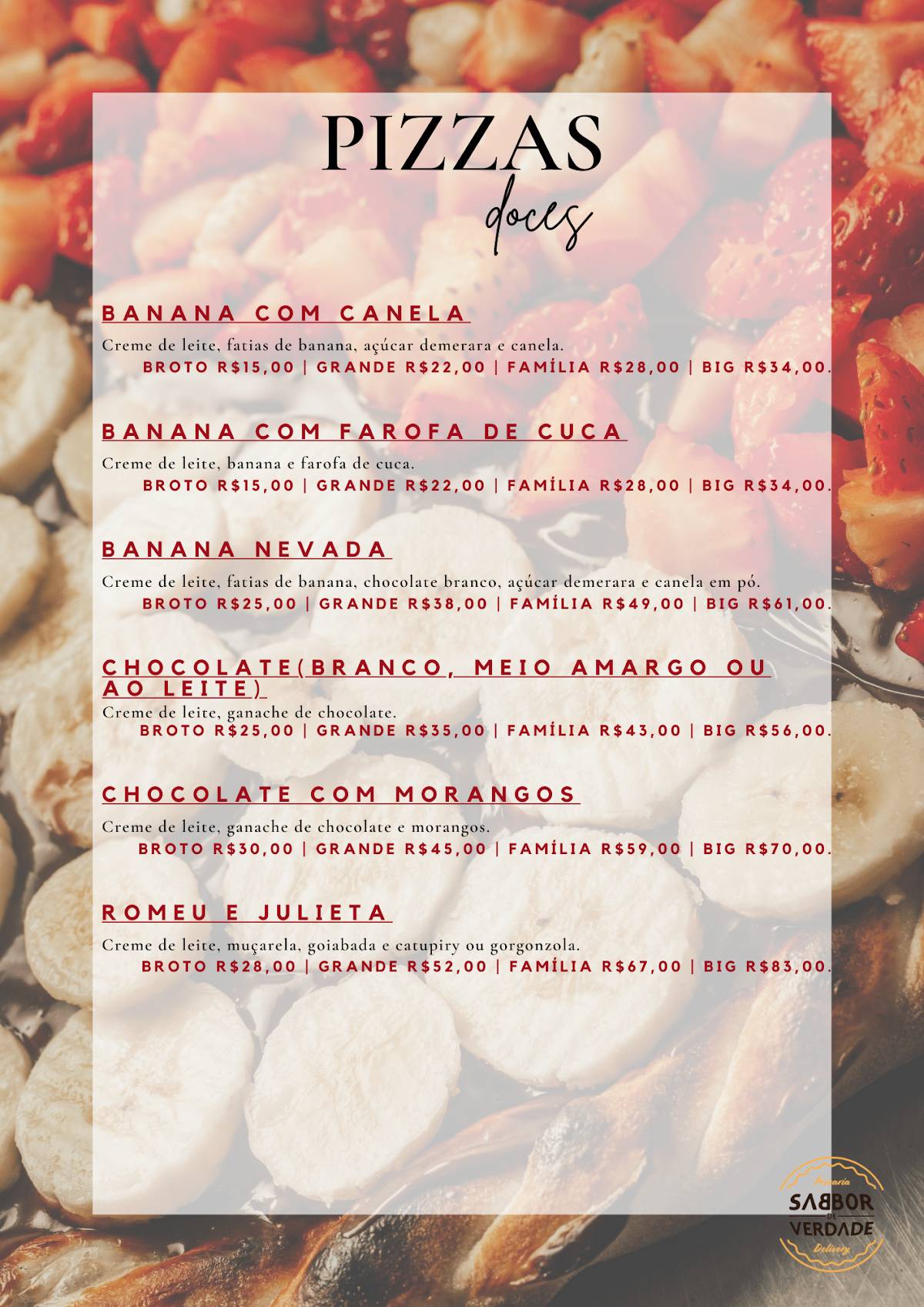 Sabbor de Verdade - Delivery de Pizzas cardápio