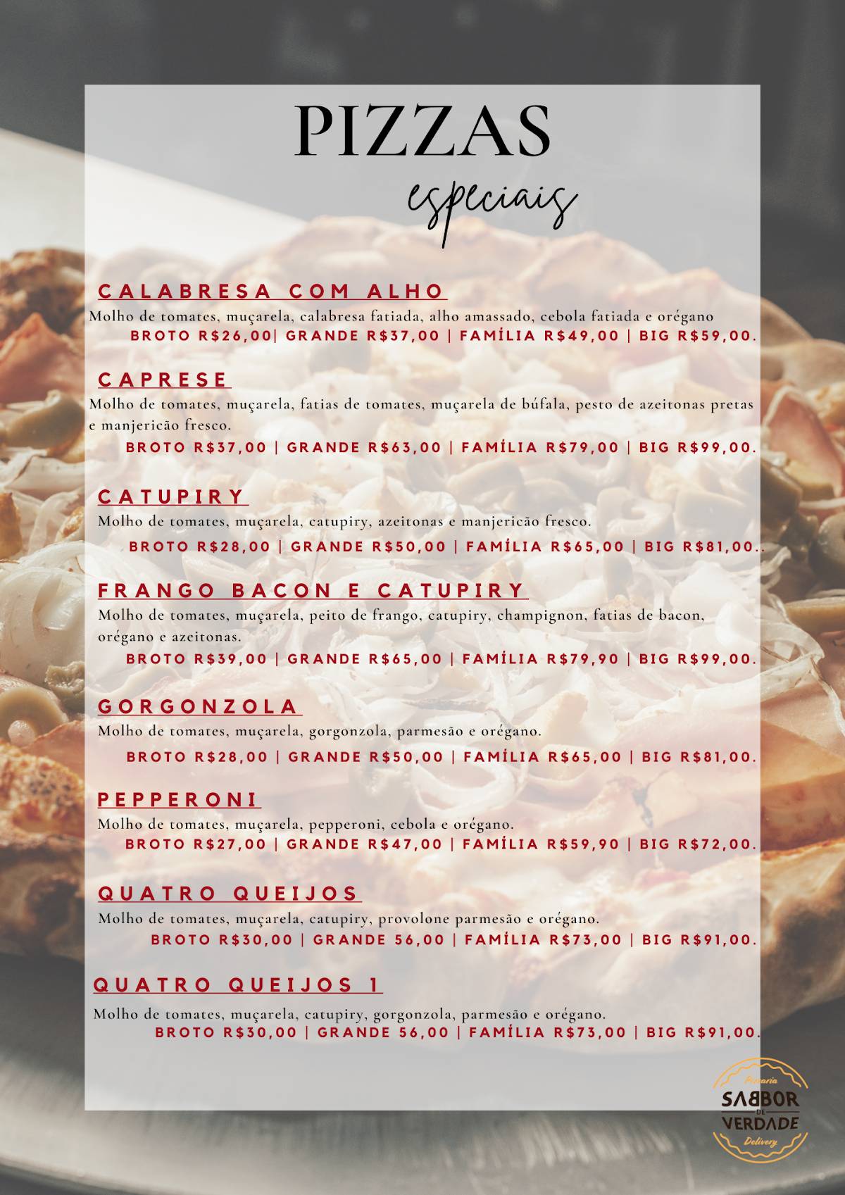 Sabbor de Verdade - Delivery de Pizzas cardápio