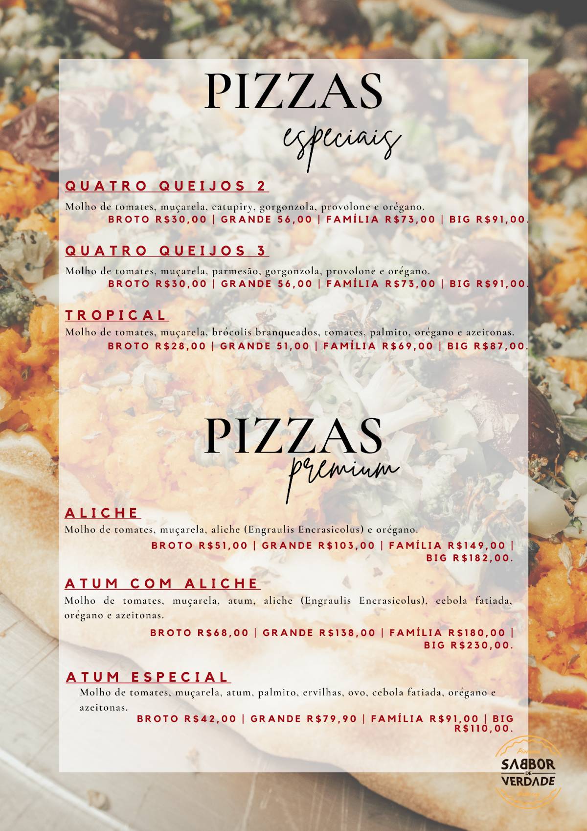 Sabbor de Verdade - Delivery de Pizzas cardápio