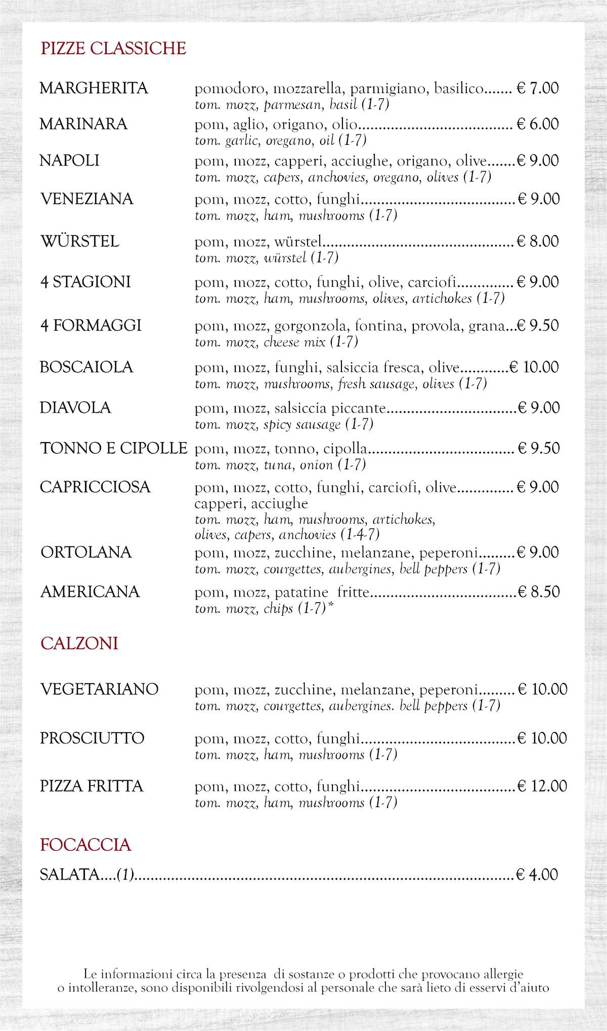 Menu di In Grano Pizzeria 