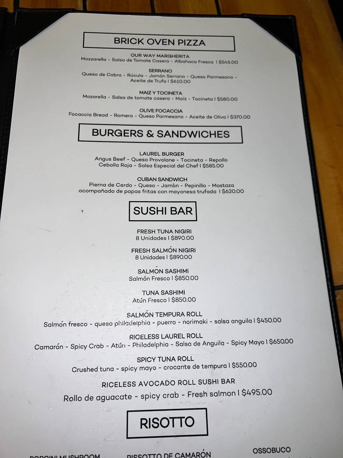 Carta del restaurante Laurel, Santo Domingo