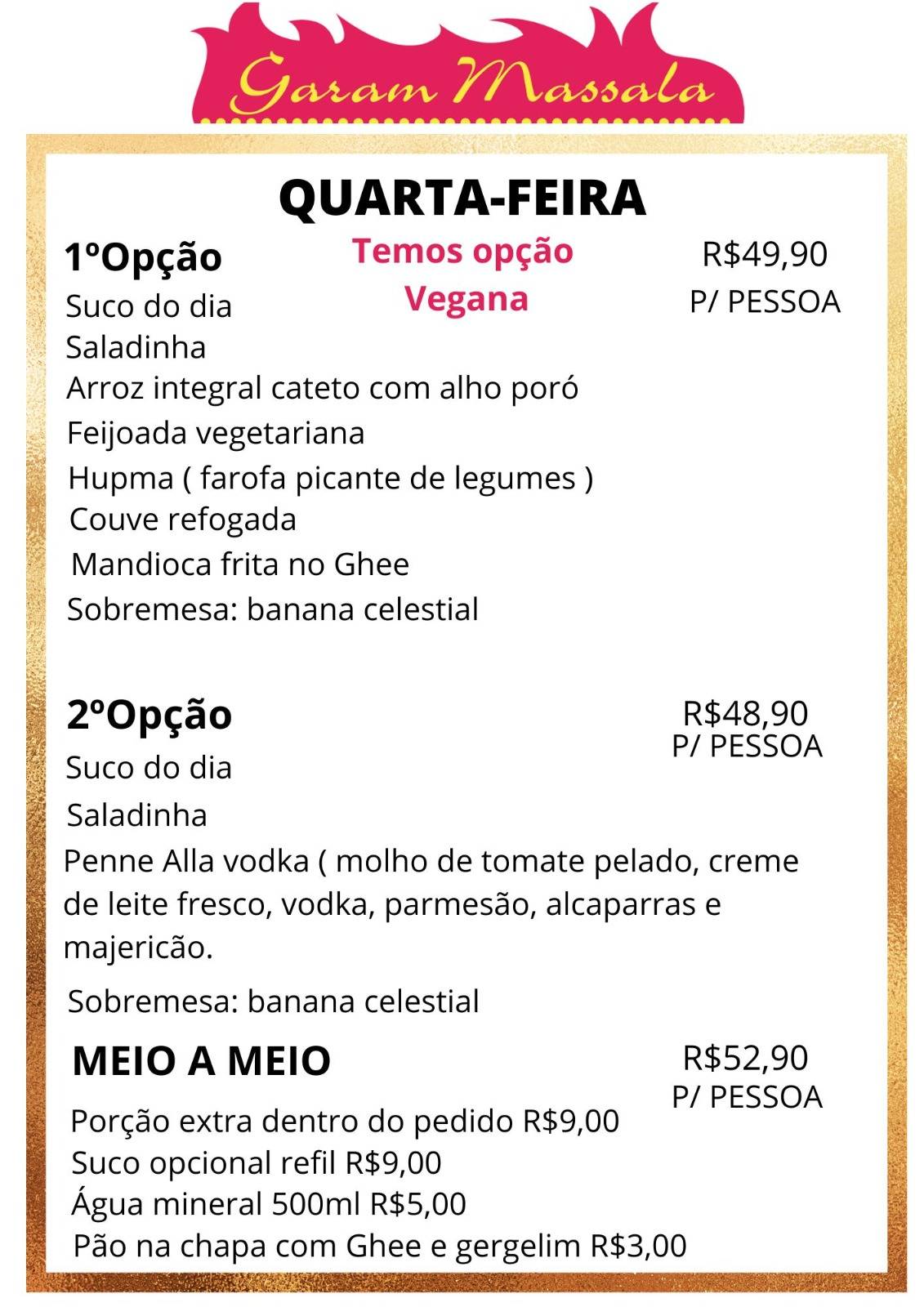 Garam Massala Restaurante Lacto Vegetariano cardápio