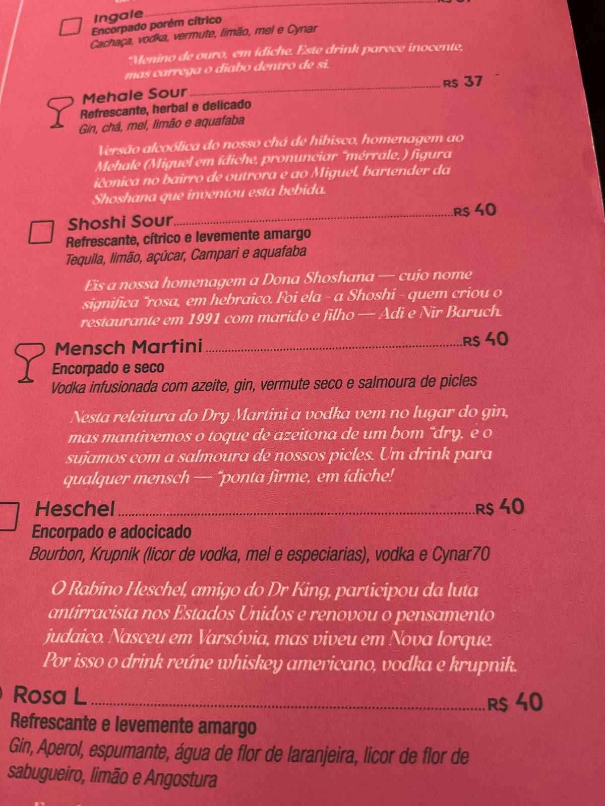 Shoshana Delishop cardápio