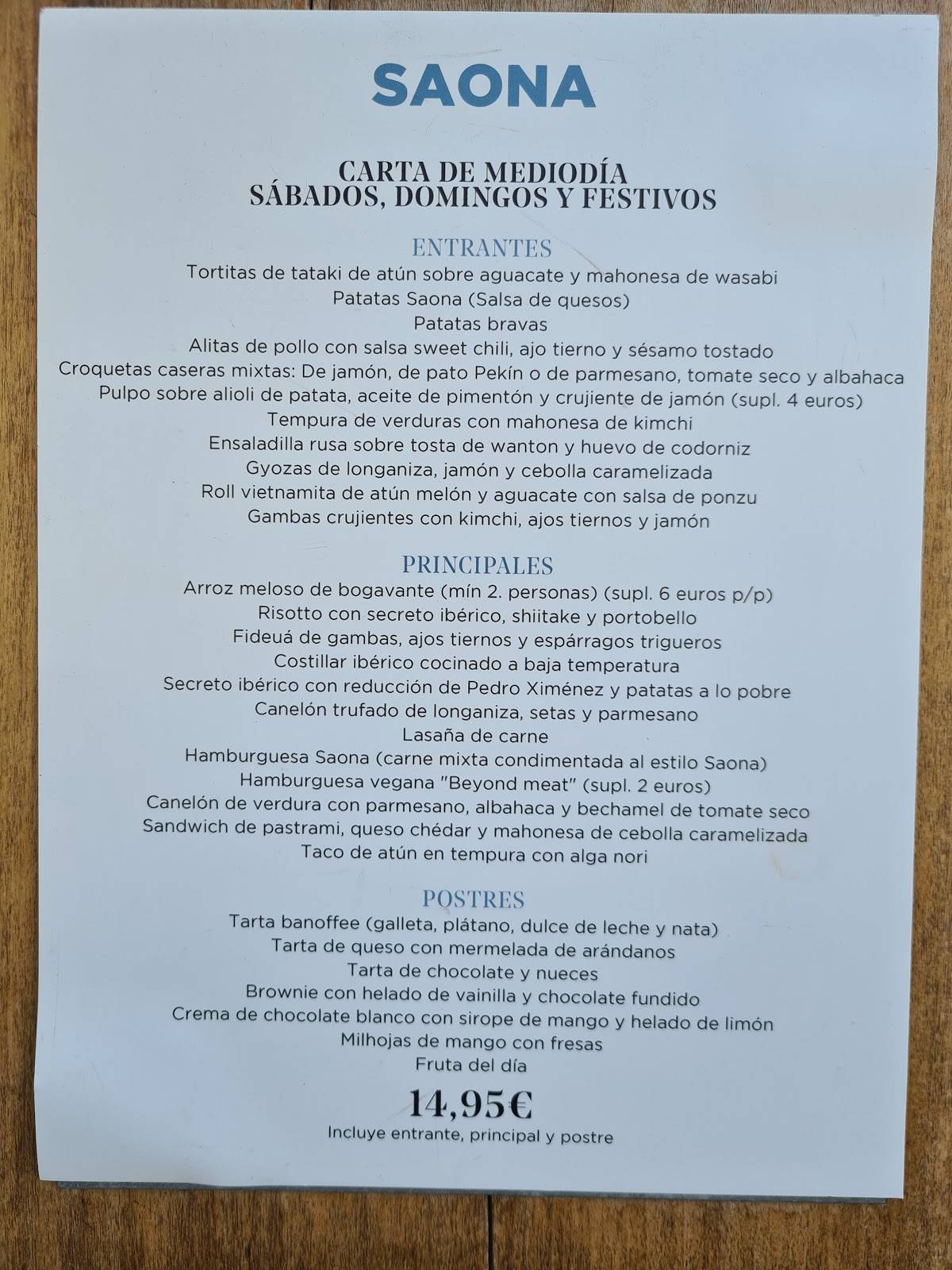 Carta del restaurante Saona Las Tablas, Madrid, Paseo Tierra del Melide