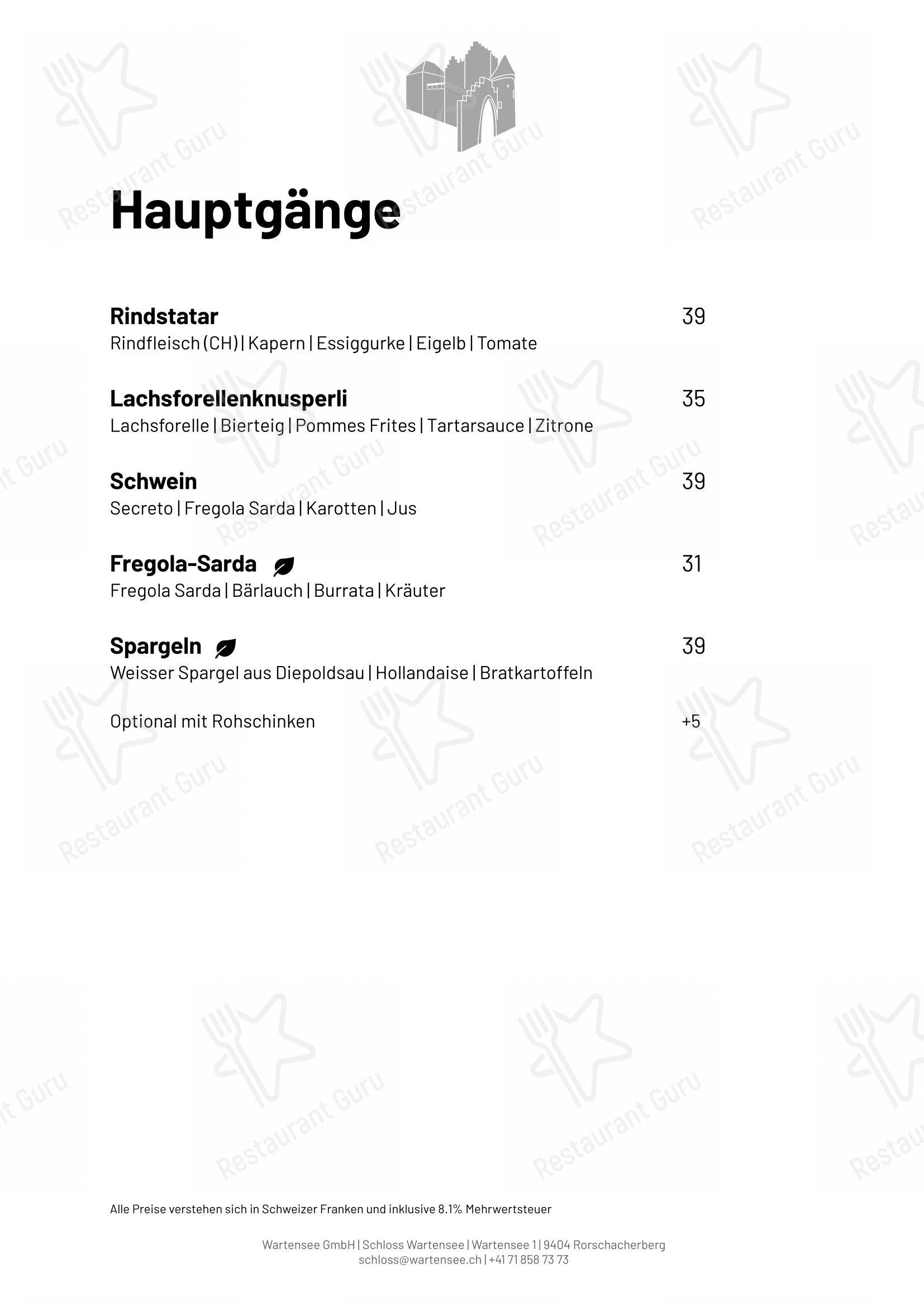 Menu per Schloss Wartensee ristorante