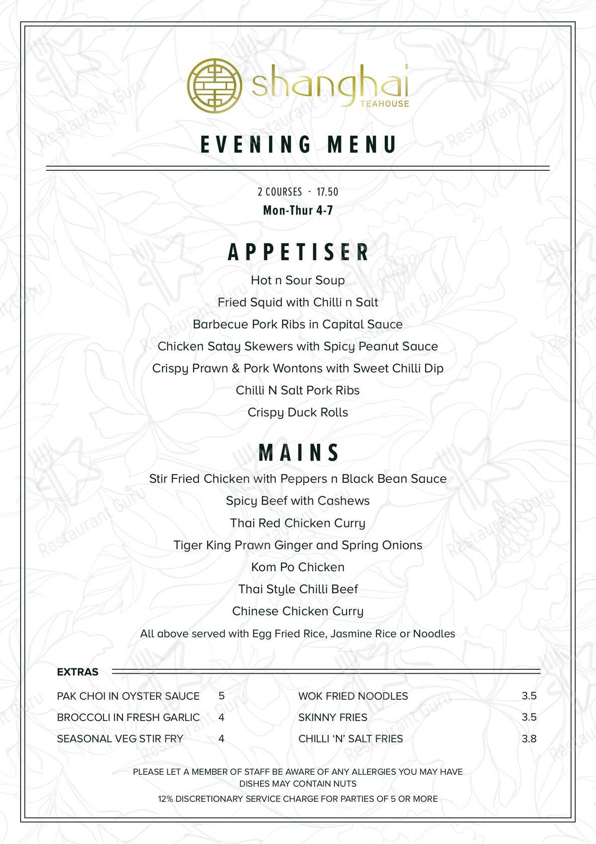 Menu at Shanghai Teahouse restaurant, Glasgow