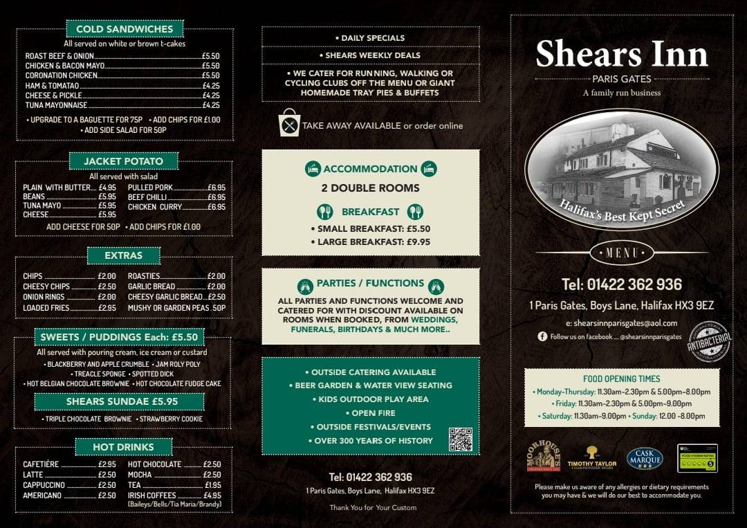Menu at Shears Inn pub & bar, Halifax, 1 Paris Gates