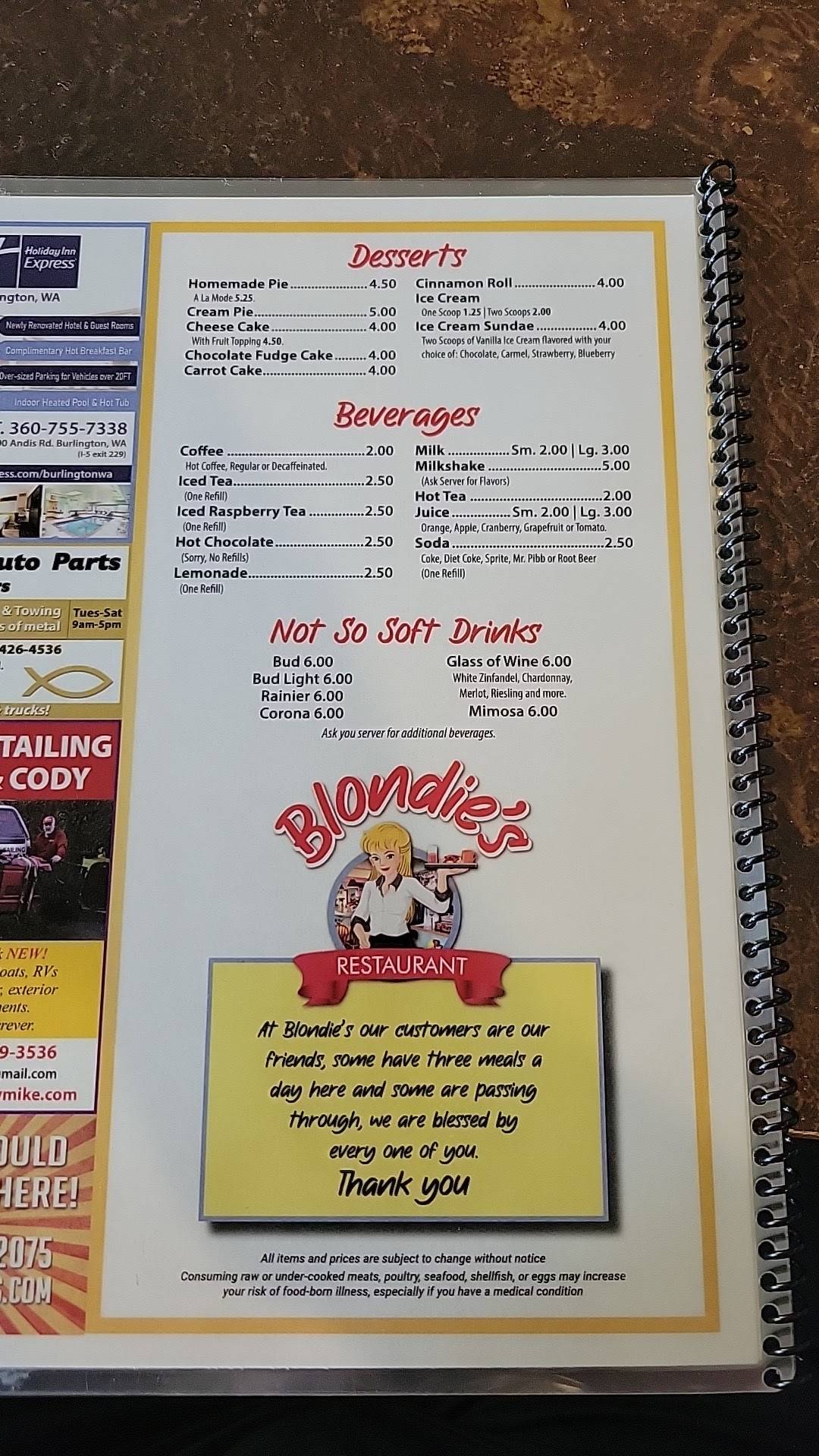 Menu at Blondie's Restaurant, Shelton