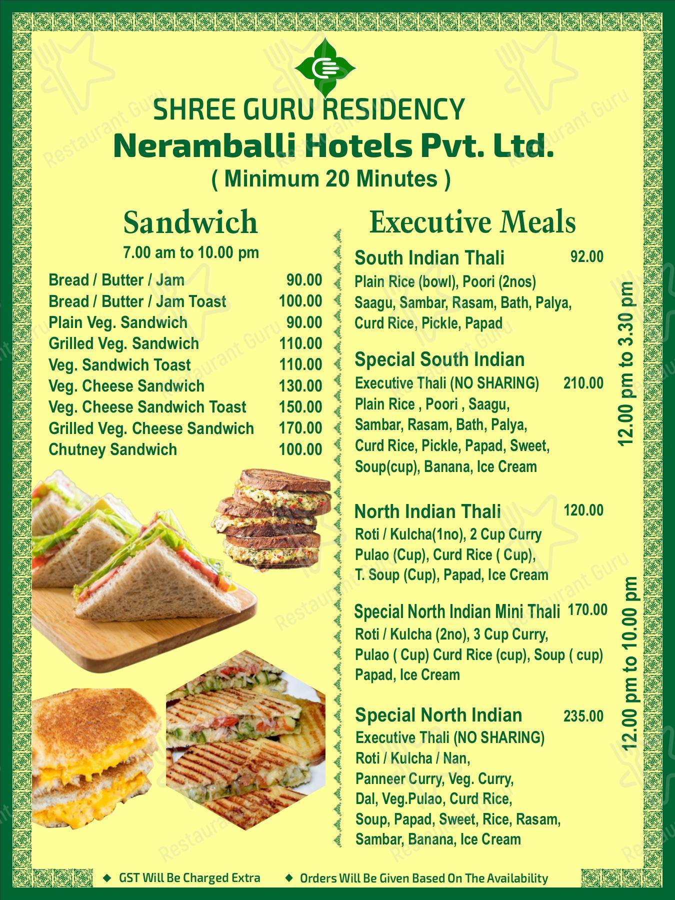 Menu for the Shree Guru Residency restaurant