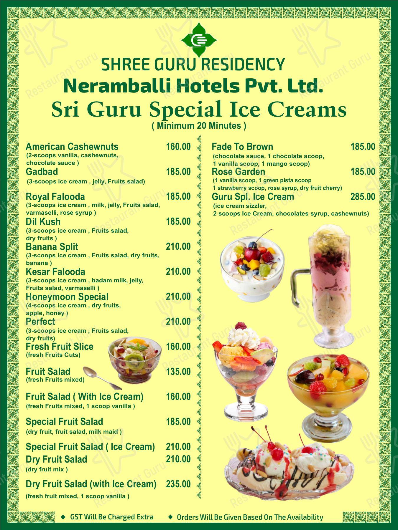 Menu for Shree Guru Residency in Mysuru