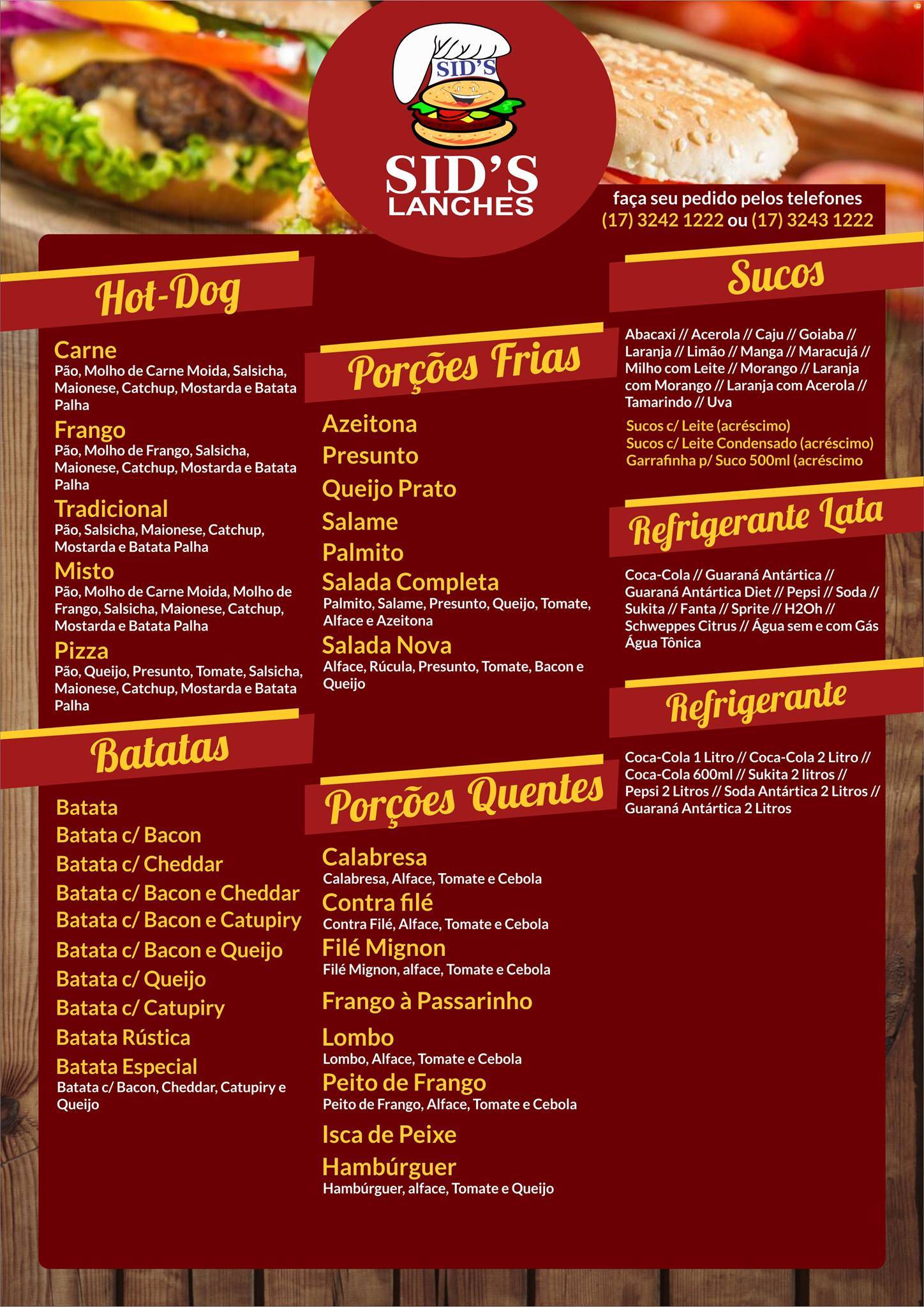 Sid's Lanches cardápio
