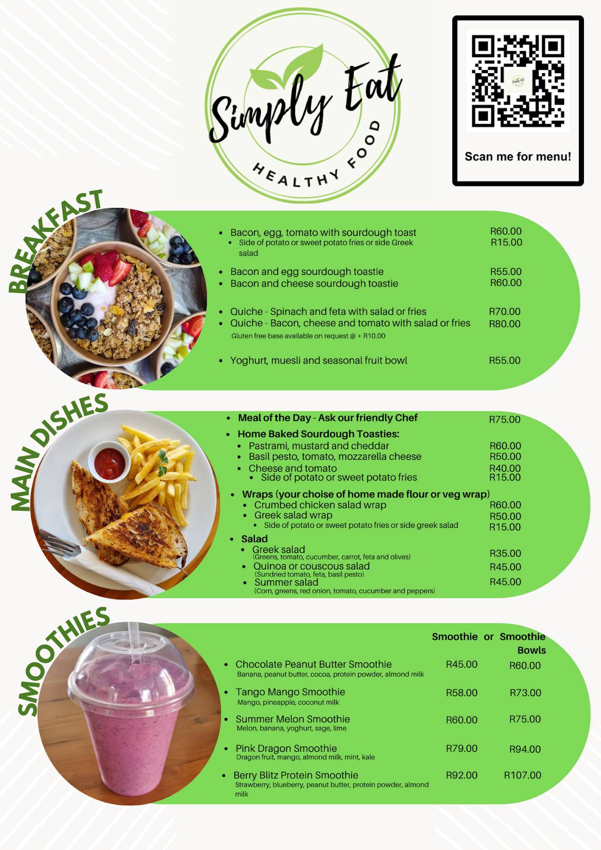 Speisekarte von Simply Eat restaurant, Kapstadt