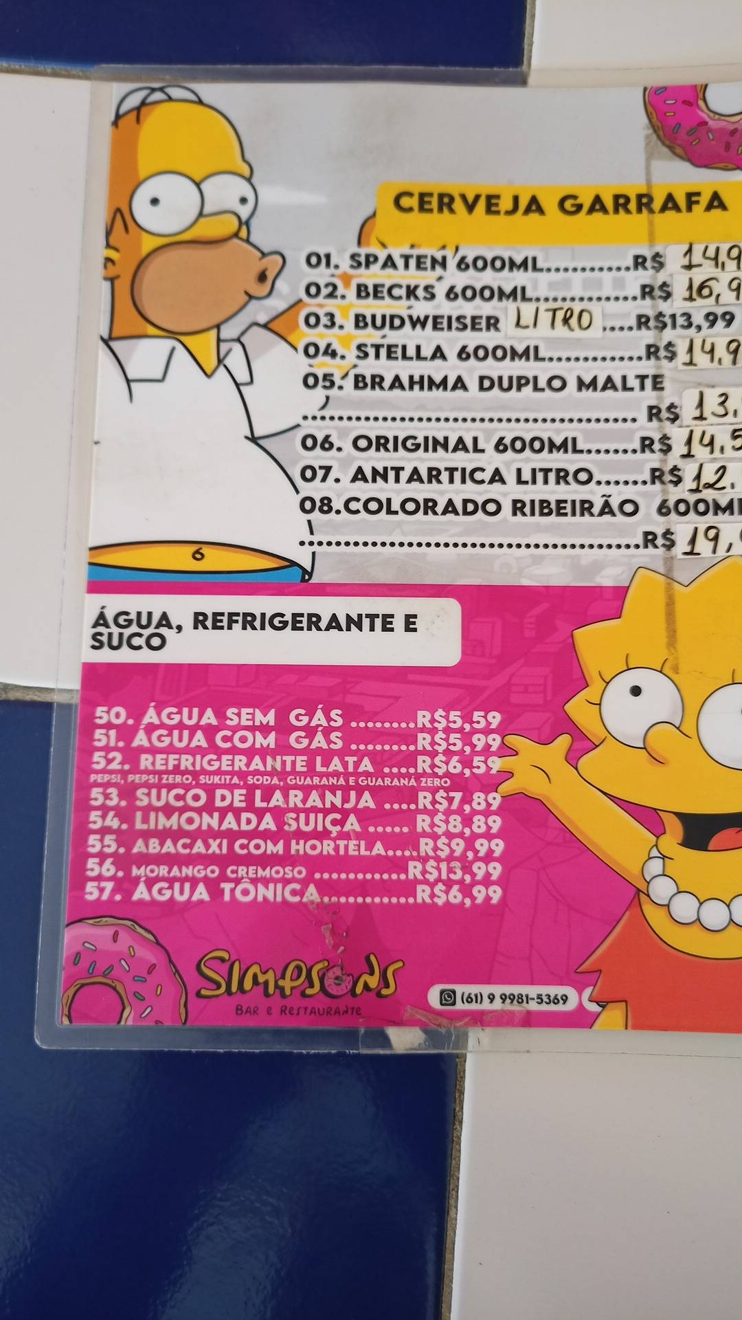 Simpsons Bar e Restaurante cardápio