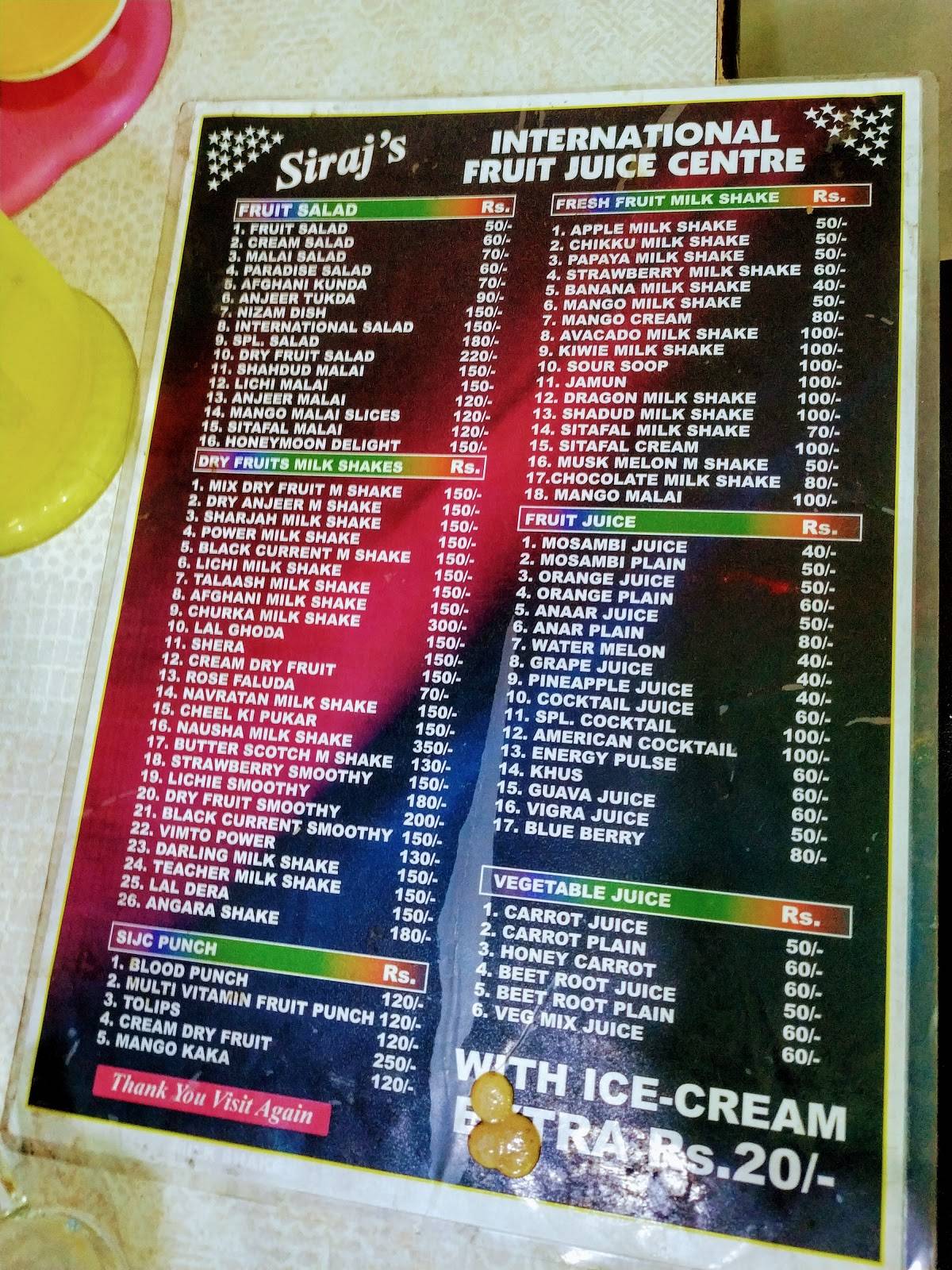 Menu at Siraj's International Juice Center, Hyderabad