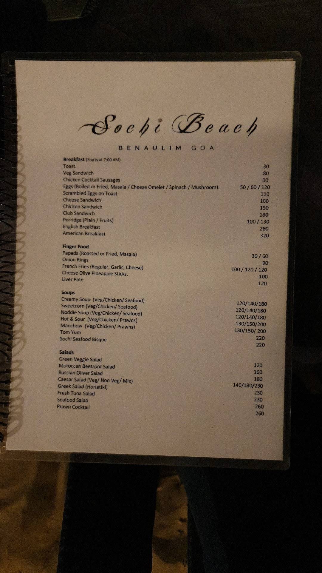 Sochi Beach menu