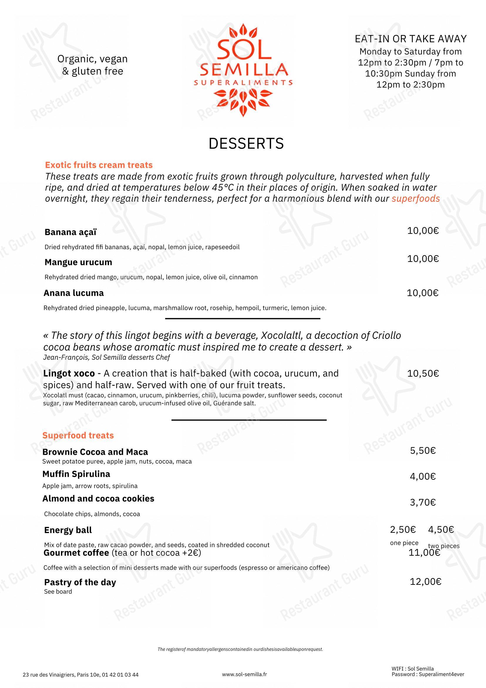 Menu bar pour SOL SEMILLA dans Paris