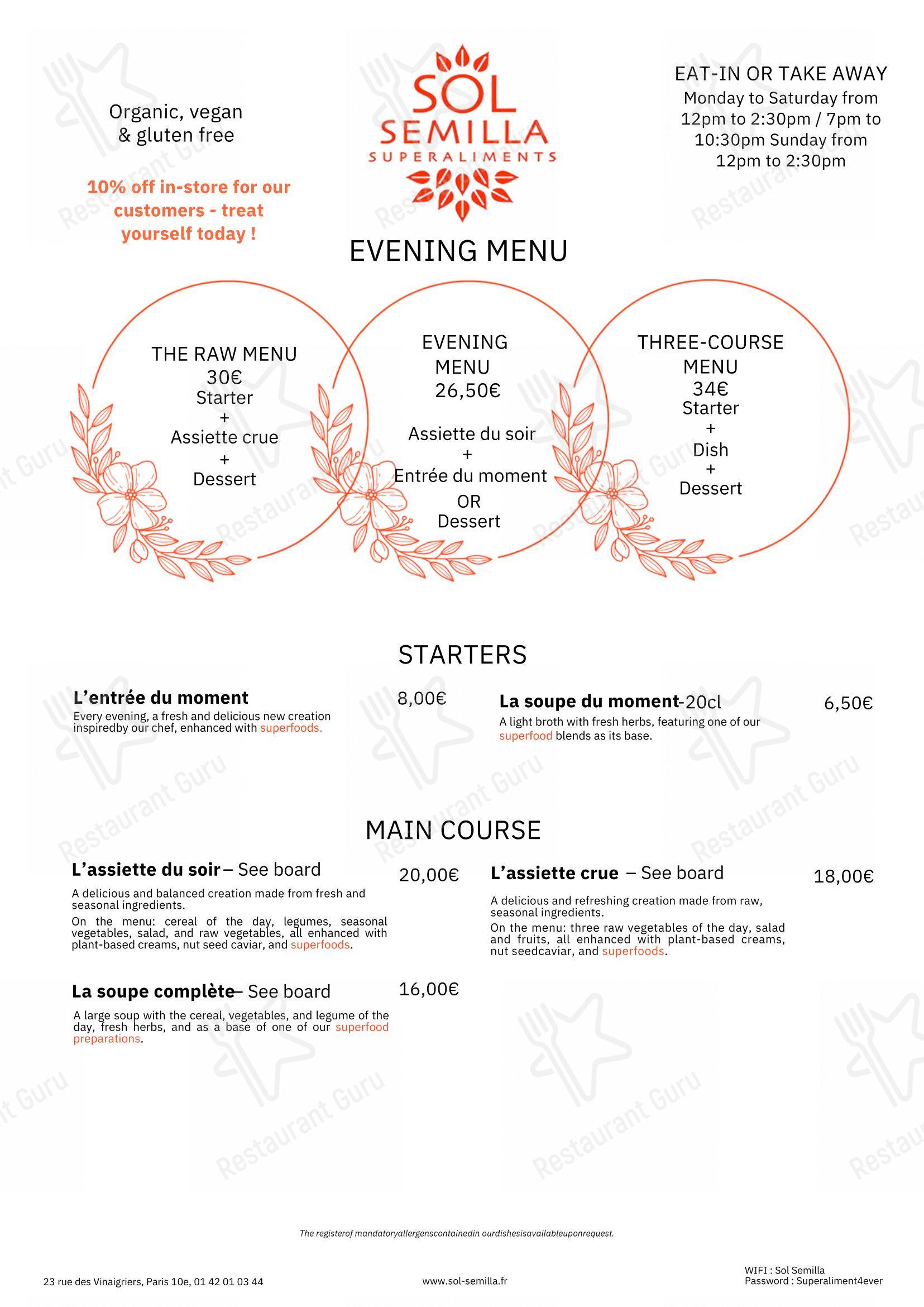 Menu bar pour SOL SEMILLA restaurant
