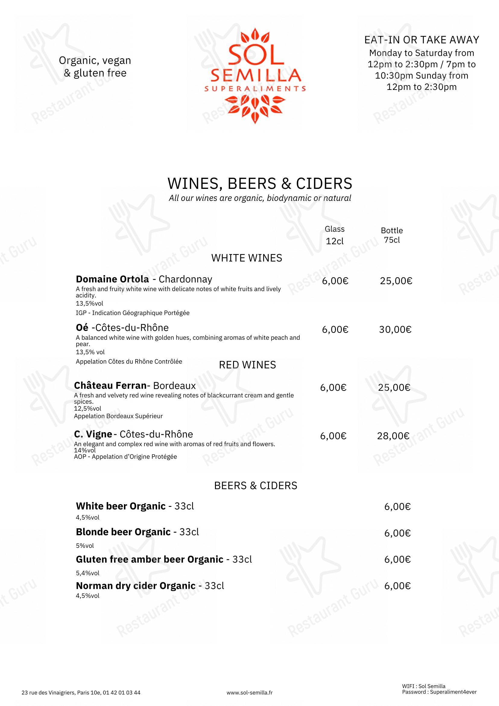 Menu bar pour SOL SEMILLA restaurant
