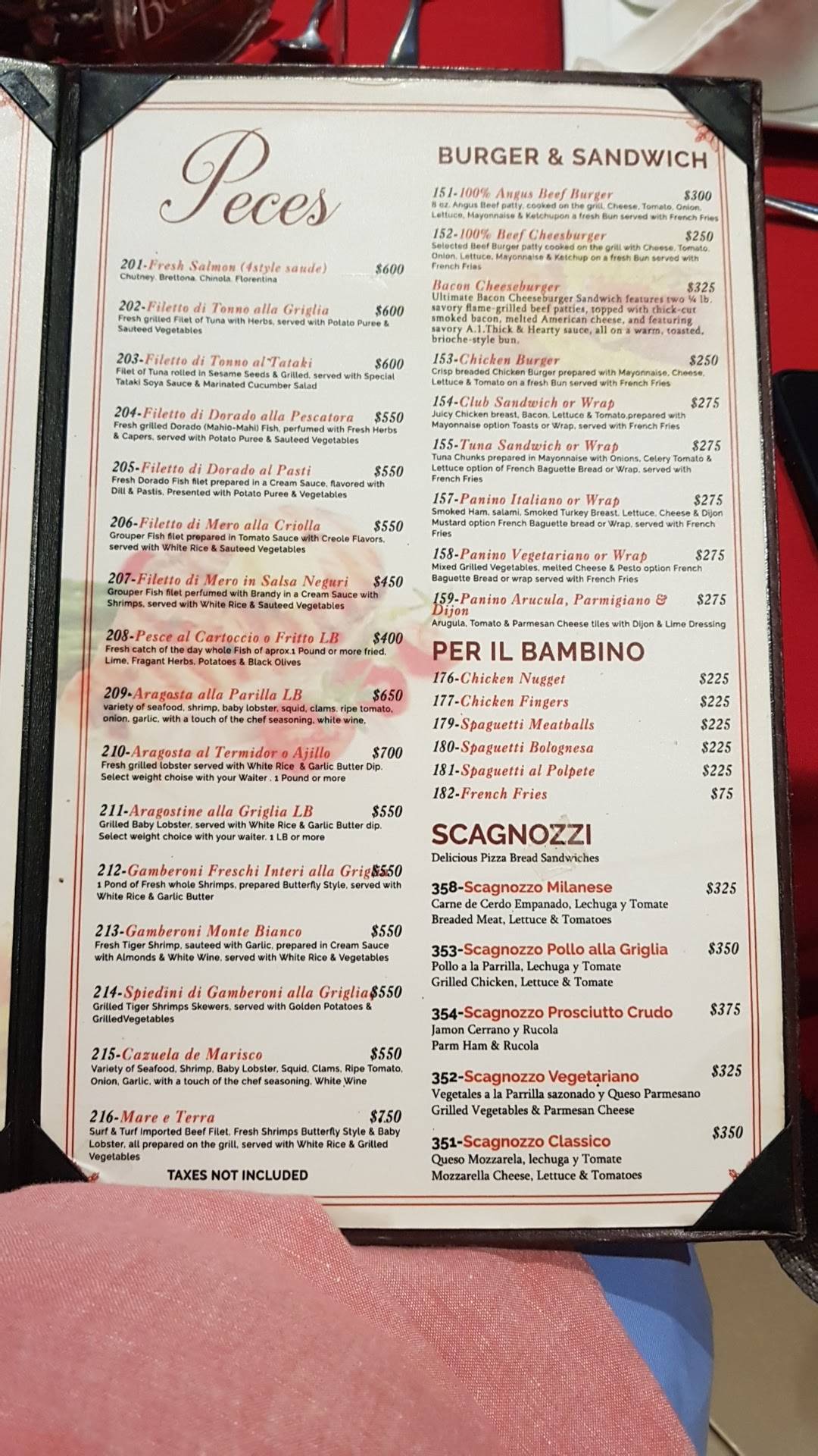 Menu at Bologna restaurant, Sosúa