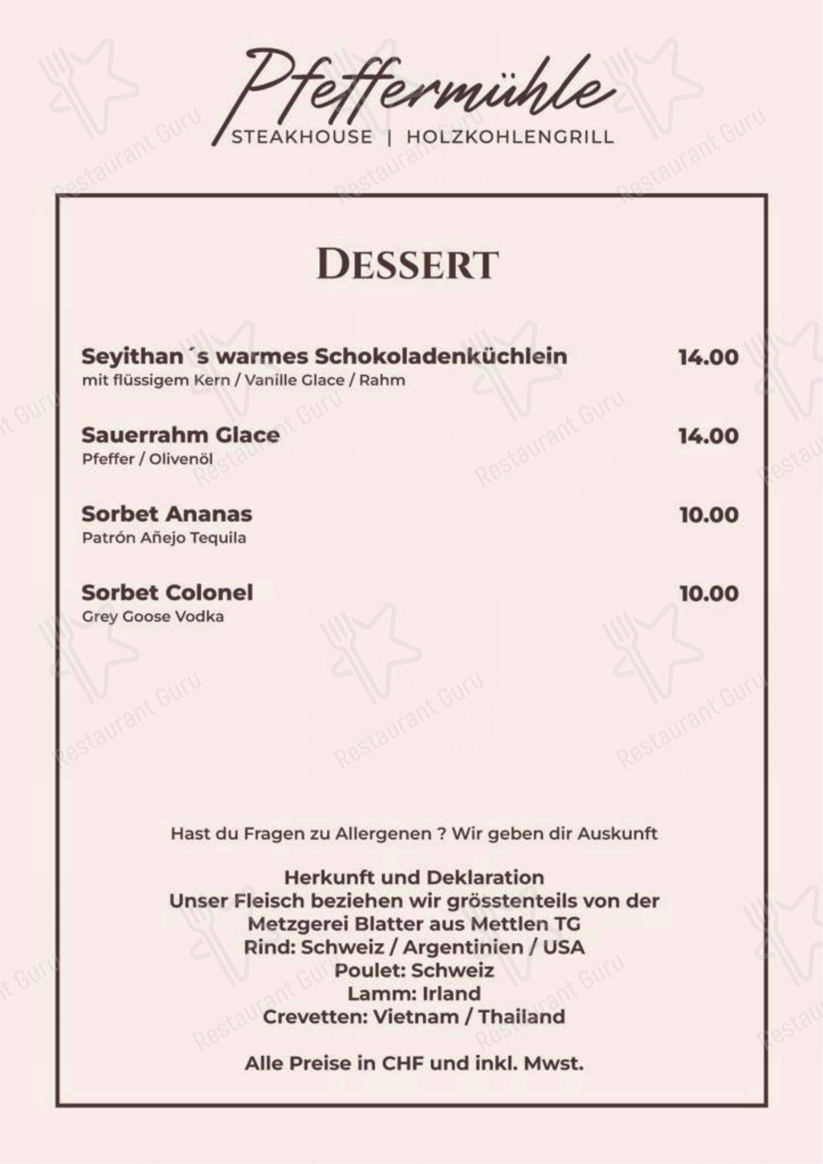 SteakHouse Pfeffermühle in Rorschach - Menu