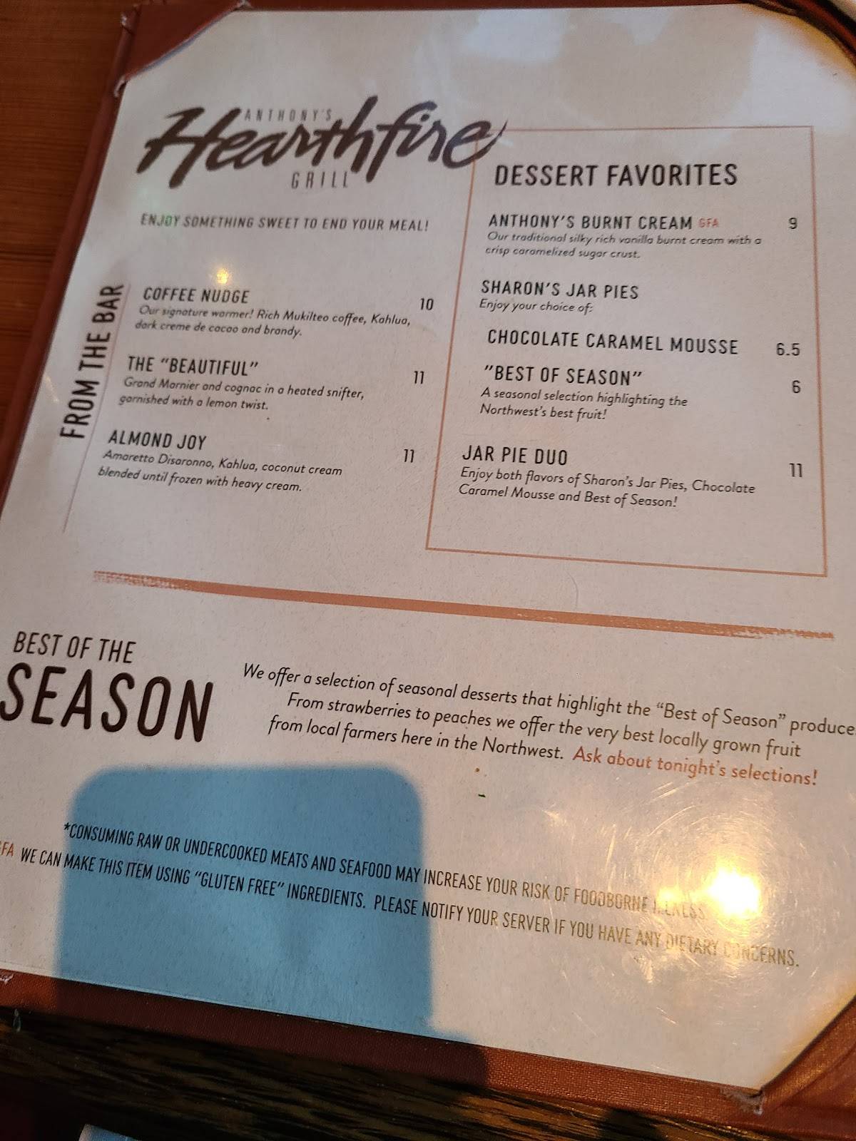 Menu at Anthony's Hearthfire Grill, Bellingham steakhouse, Bellingham