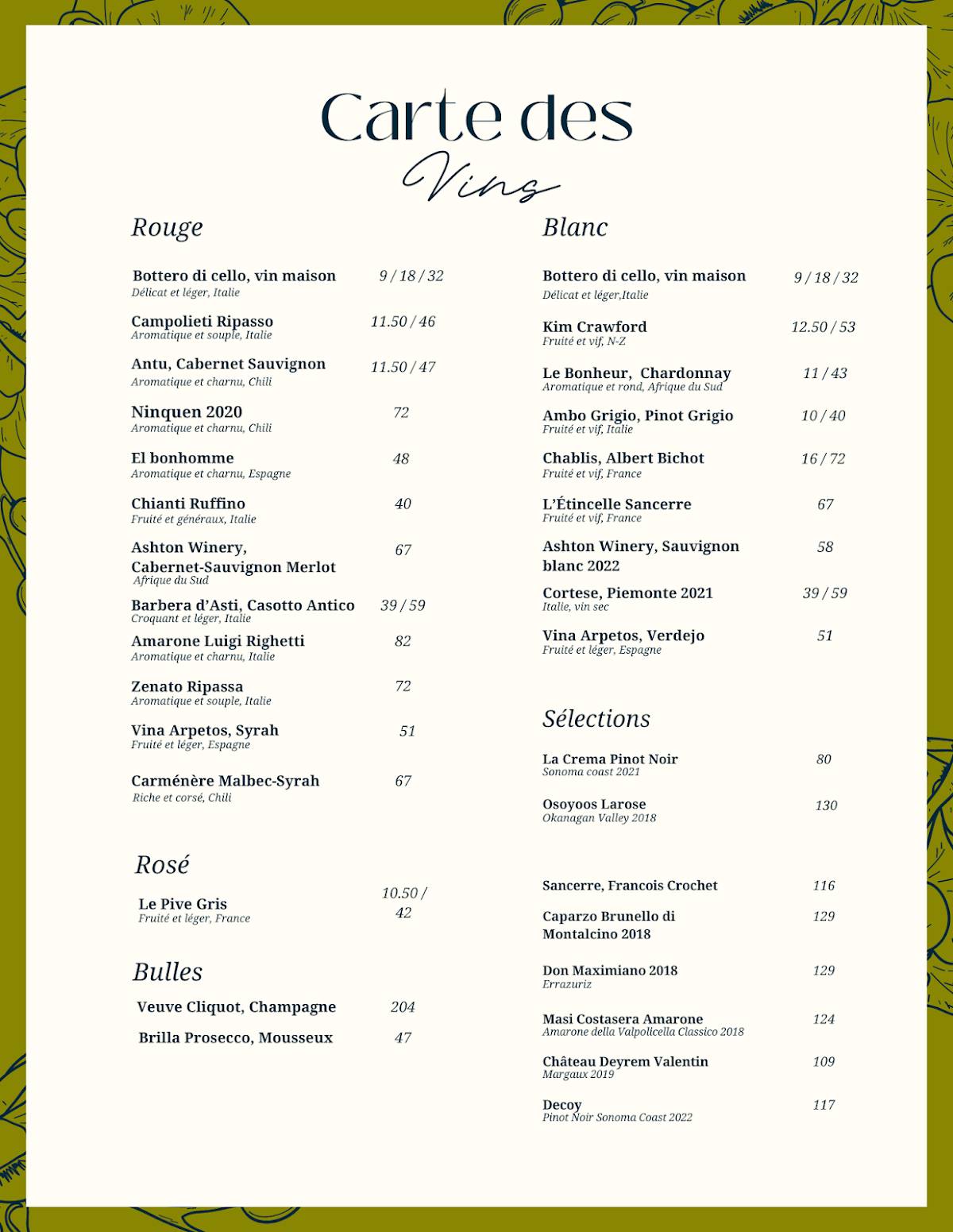 Menu de Restaurant Bar Chez Omer