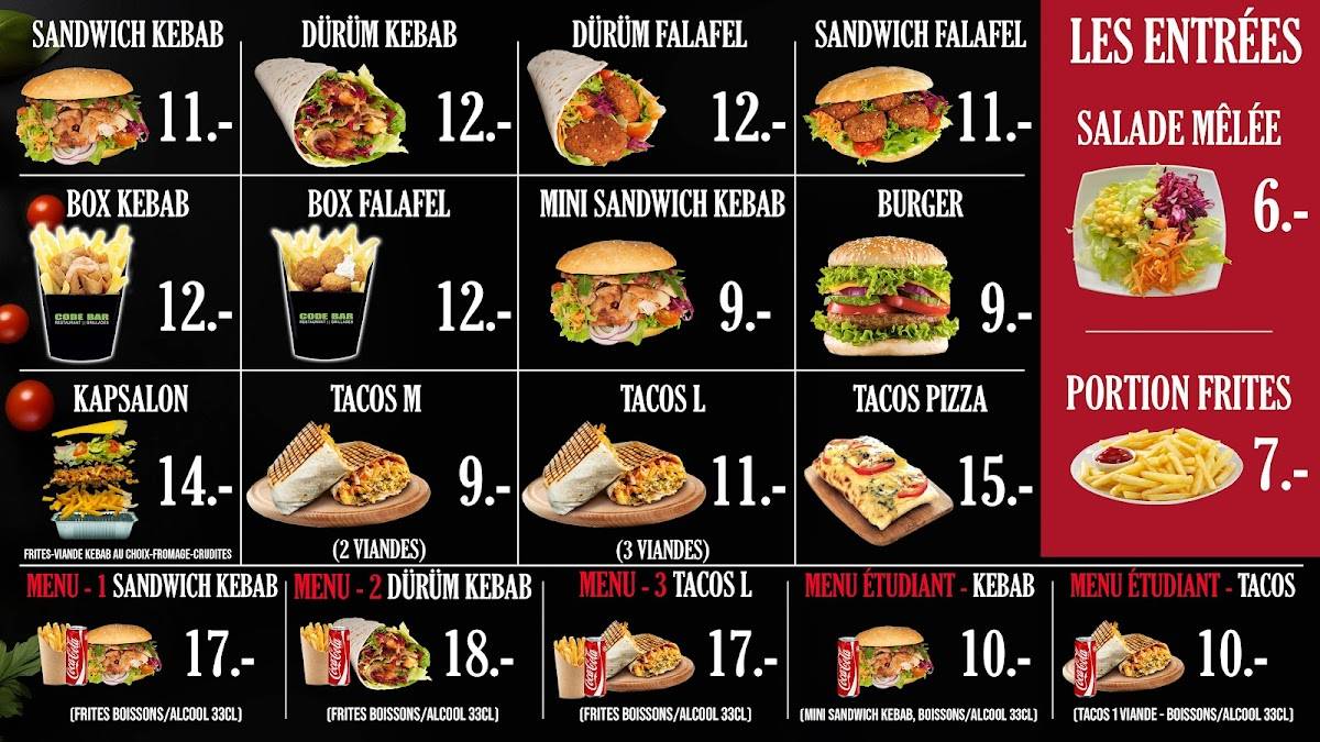 Menu de Code Bar- kebab pizza & Lausanne gare