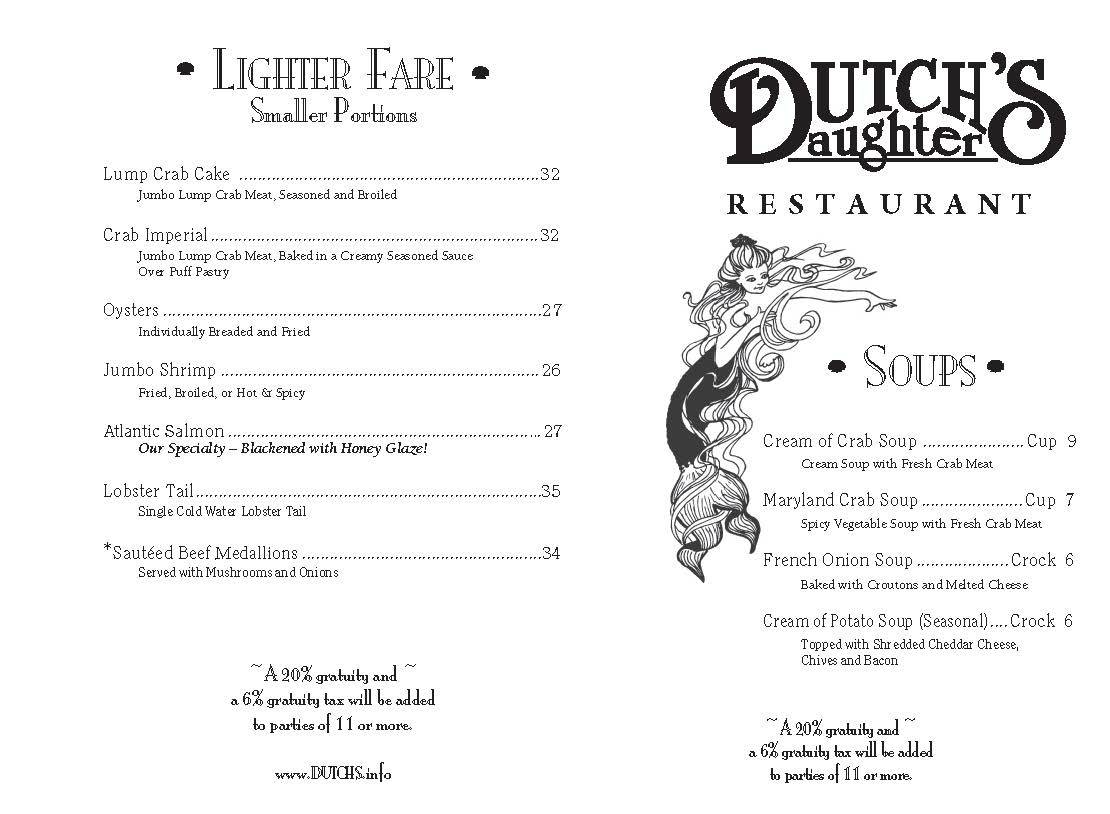 Menu at Dutch's Daughter steakhouse, Frederick, 581 Himes Ave