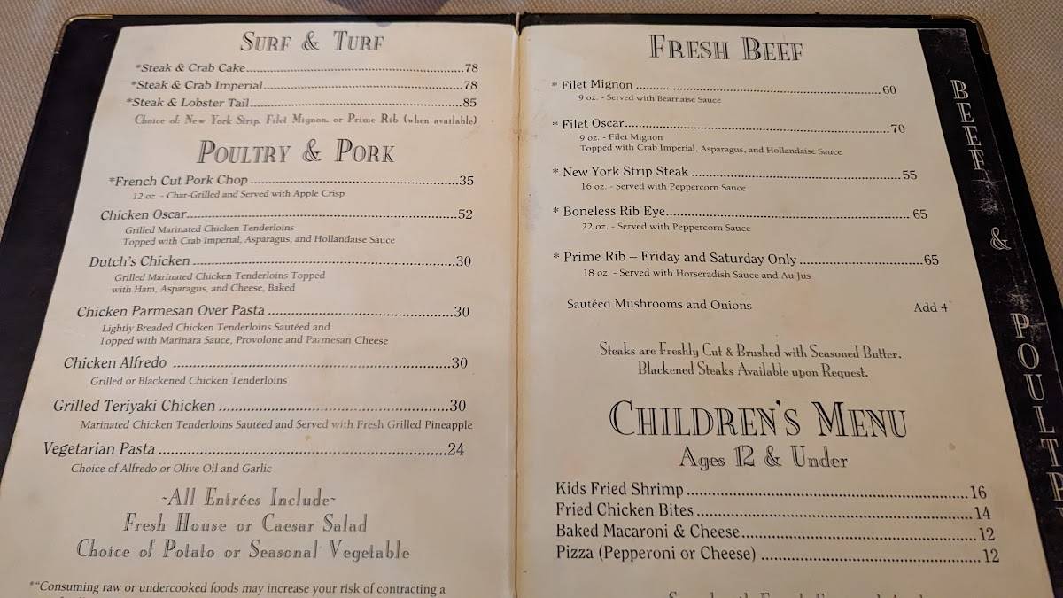 Menu at Dutch's Daughter steakhouse, Frederick, 581 Himes Ave