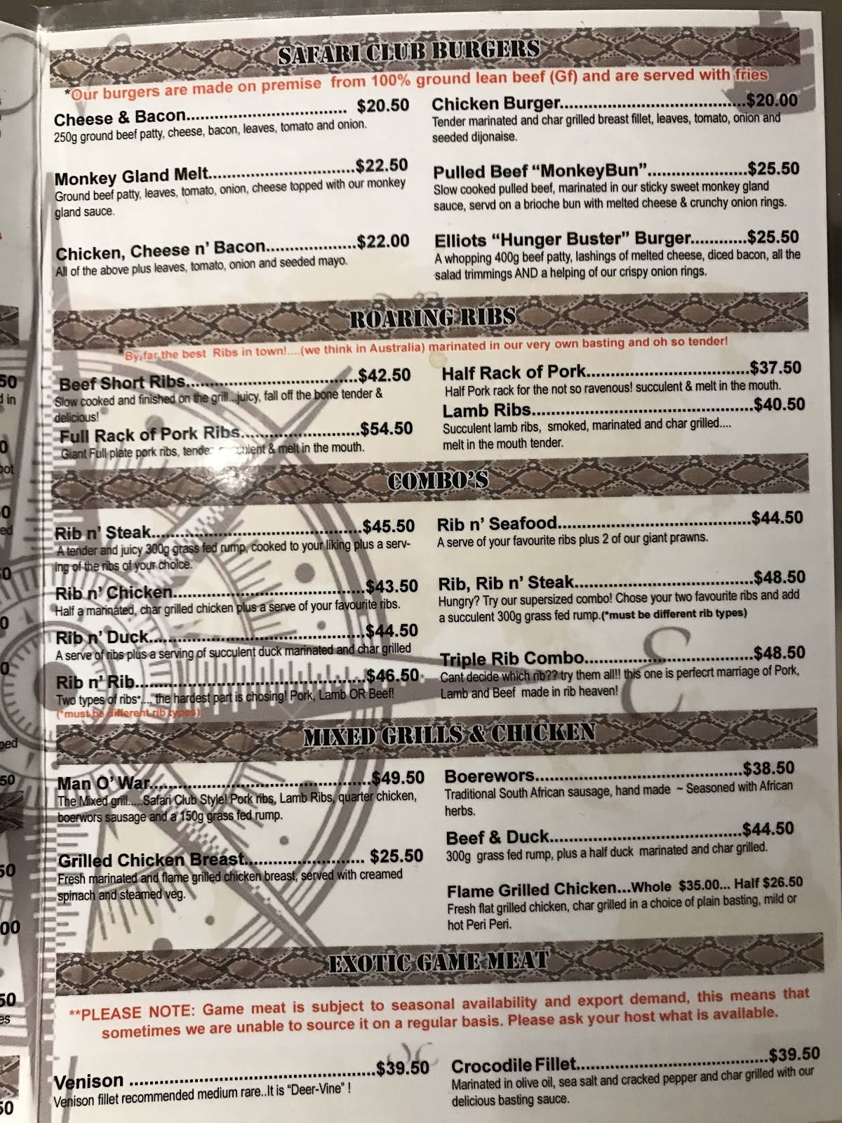 Safari Club Bar & Grill menu